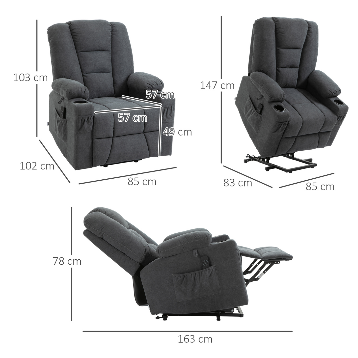 HOMCOM Oversized Riser & Recliner Chair, Lift Chair for Elderly, Fabric Upholstered, Remote Control, Side Pockets, Cup Holder, Charcoal Grey - BEYRUN