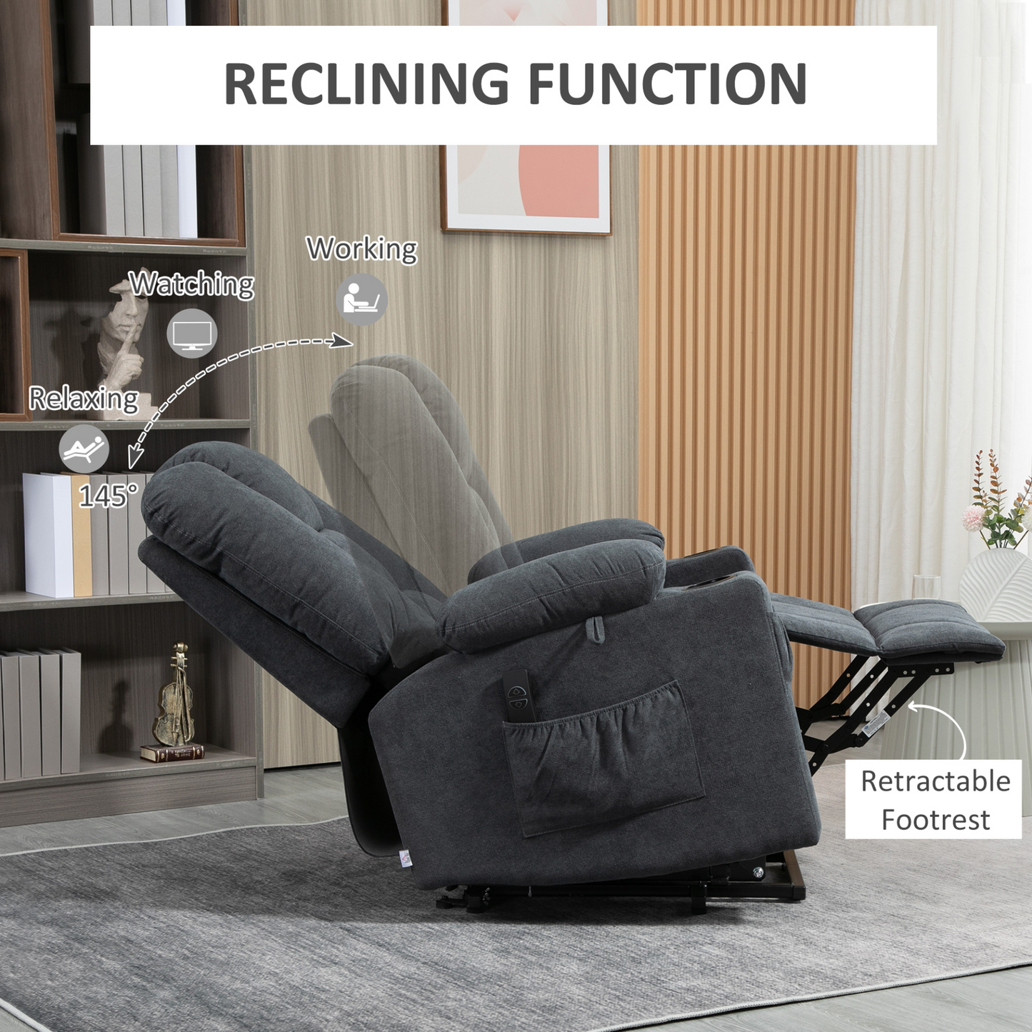 HOMCOM Oversized Riser & Recliner Chair, Lift Chair for Elderly, Fabric Upholstered, Remote Control, Side Pockets, Cup Holder, Charcoal Grey - BEYRUN