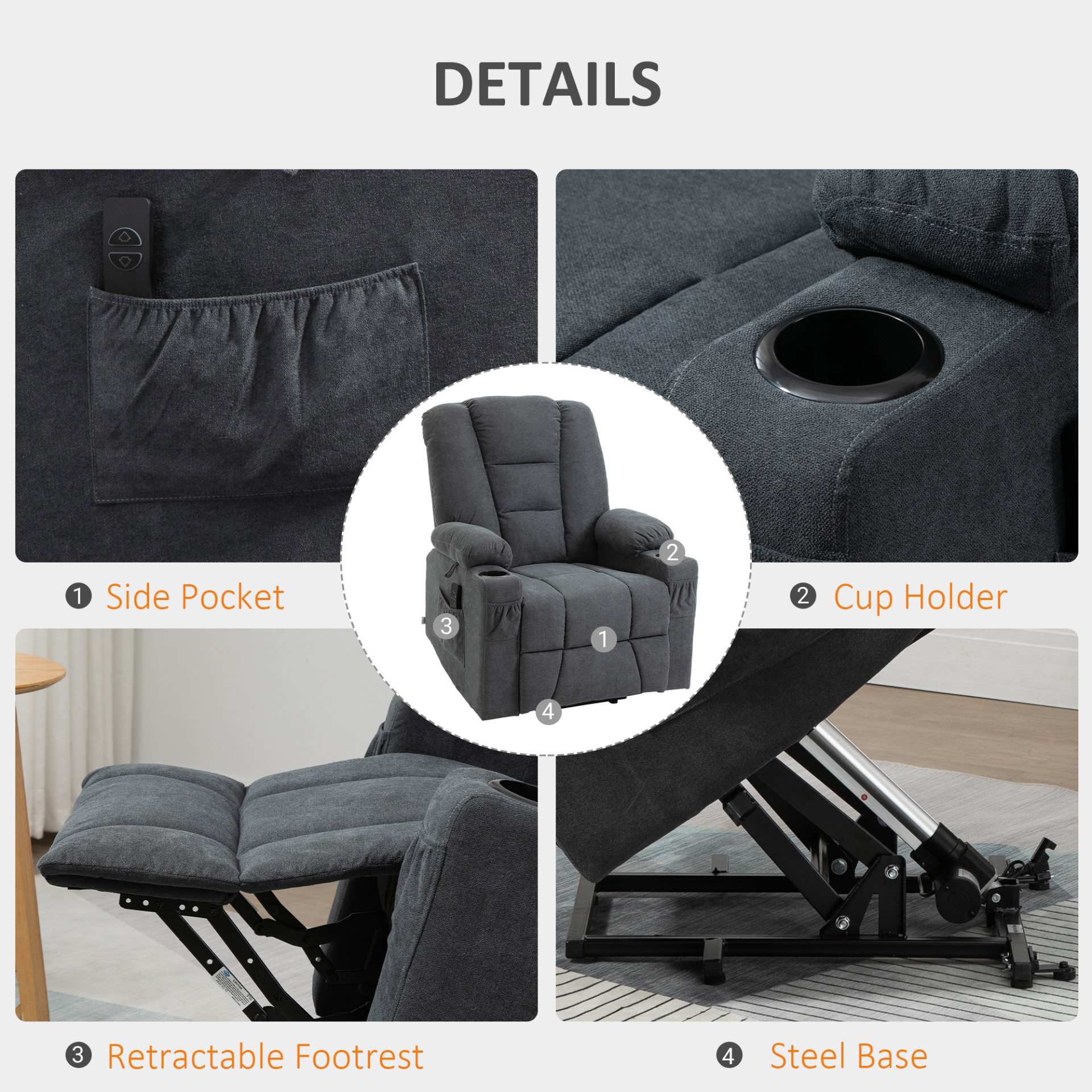 HOMCOM Oversized Riser & Recliner Chair, Lift Chair for Elderly, Fabric Upholstered, Remote Control, Side Pockets, Cup Holder, Charcoal Grey - BEYRUN