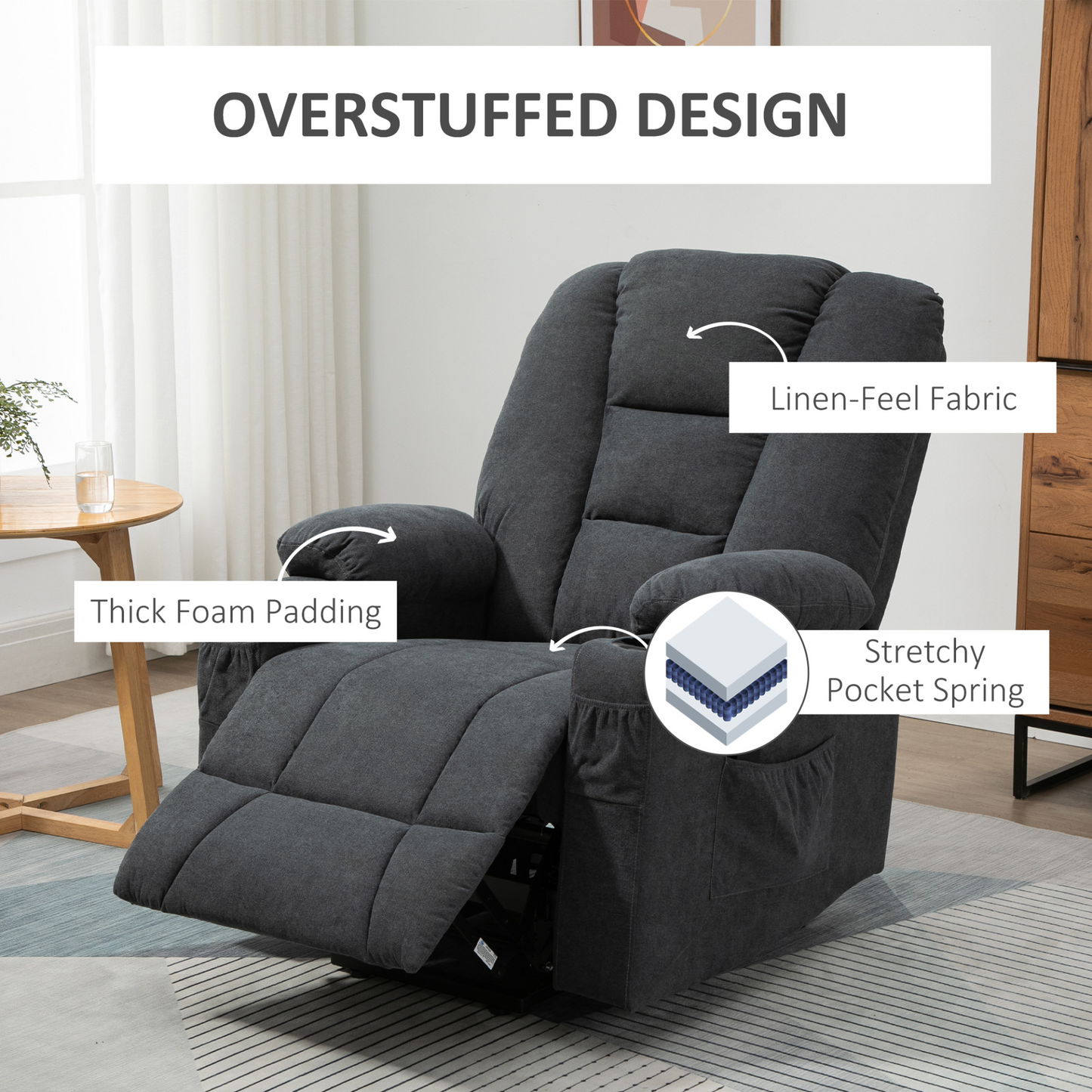 HOMCOM Oversized Riser & Recliner Chair, Lift Chair for Elderly, Fabric Upholstered, Remote Control, Side Pockets, Cup Holder, Charcoal Grey - BEYRUN