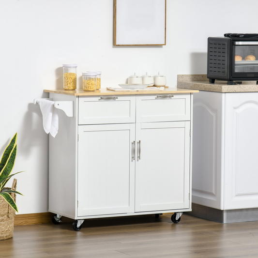 HOMCOM Modern White Rolling Kitchen Island Cart - Rubberwood Top & Ample Storage - BEYRUN