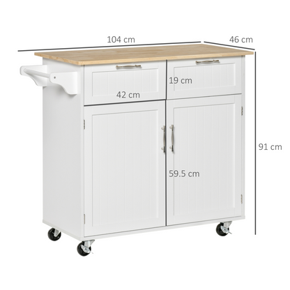 HOMCOM Modern White Rolling Kitchen Island Cart - Rubberwood Top & Ample Storage - BEYRUN