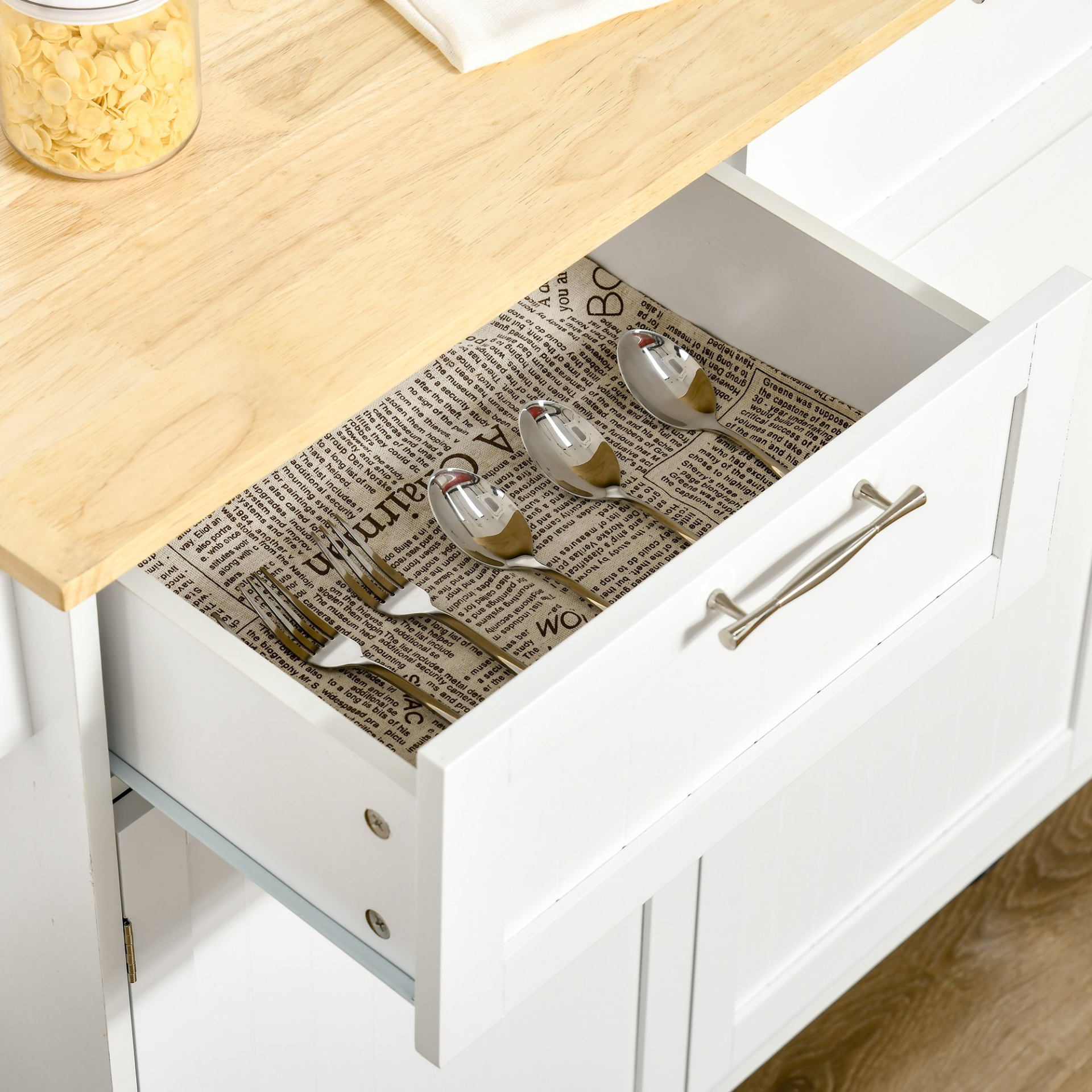 HOMCOM Modern White Rolling Kitchen Island Cart - Rubberwood Top & Ample Storage - BEYRUN