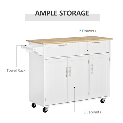 HOMCOM Kitchen Island Utility Cart: Multi-Storage with Drawers & Cabinets, Sleek White Design - BEYRUN