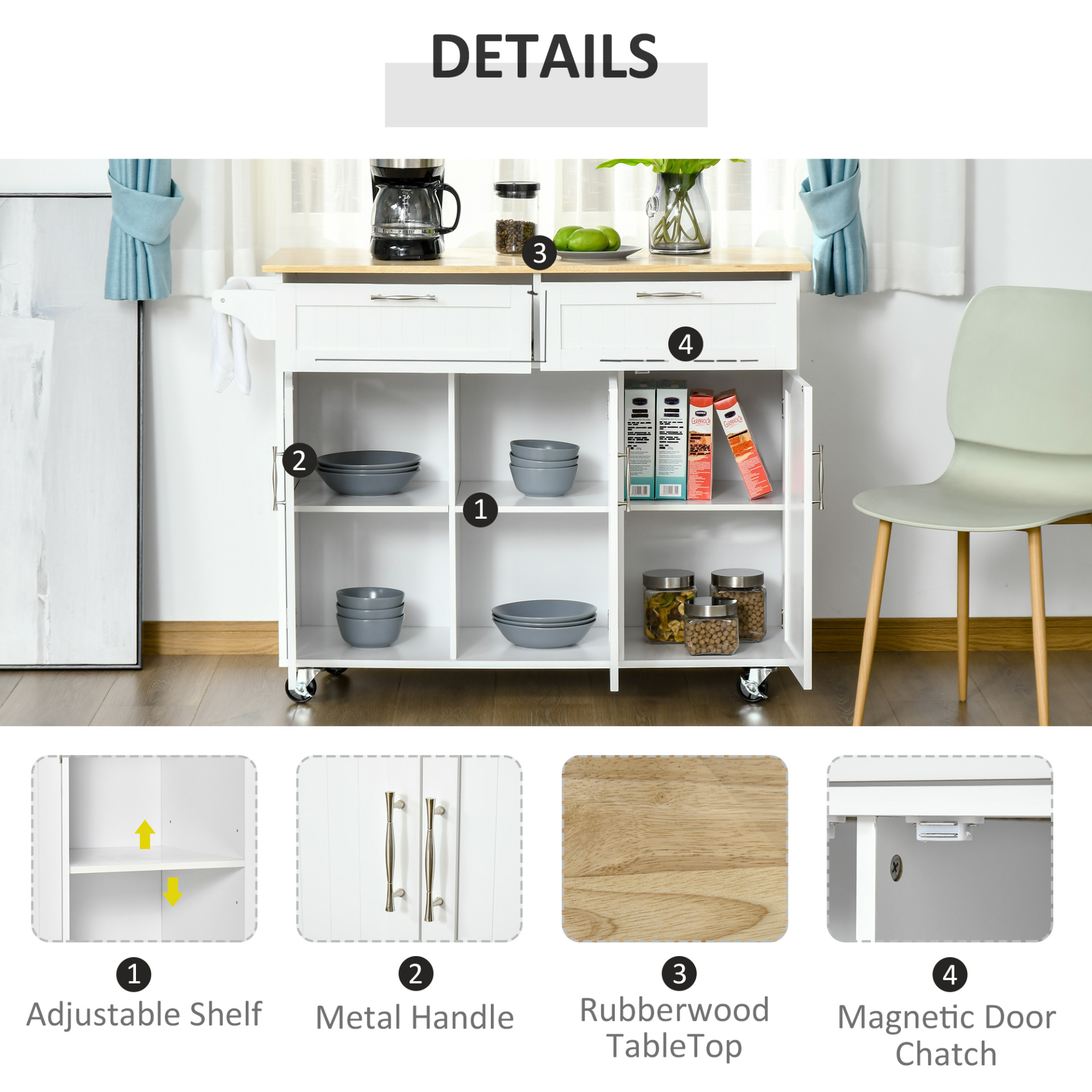 HOMCOM Kitchen Island Utility Cart: Multi-Storage with Drawers & Cabinets, Sleek White Design - BEYRUN