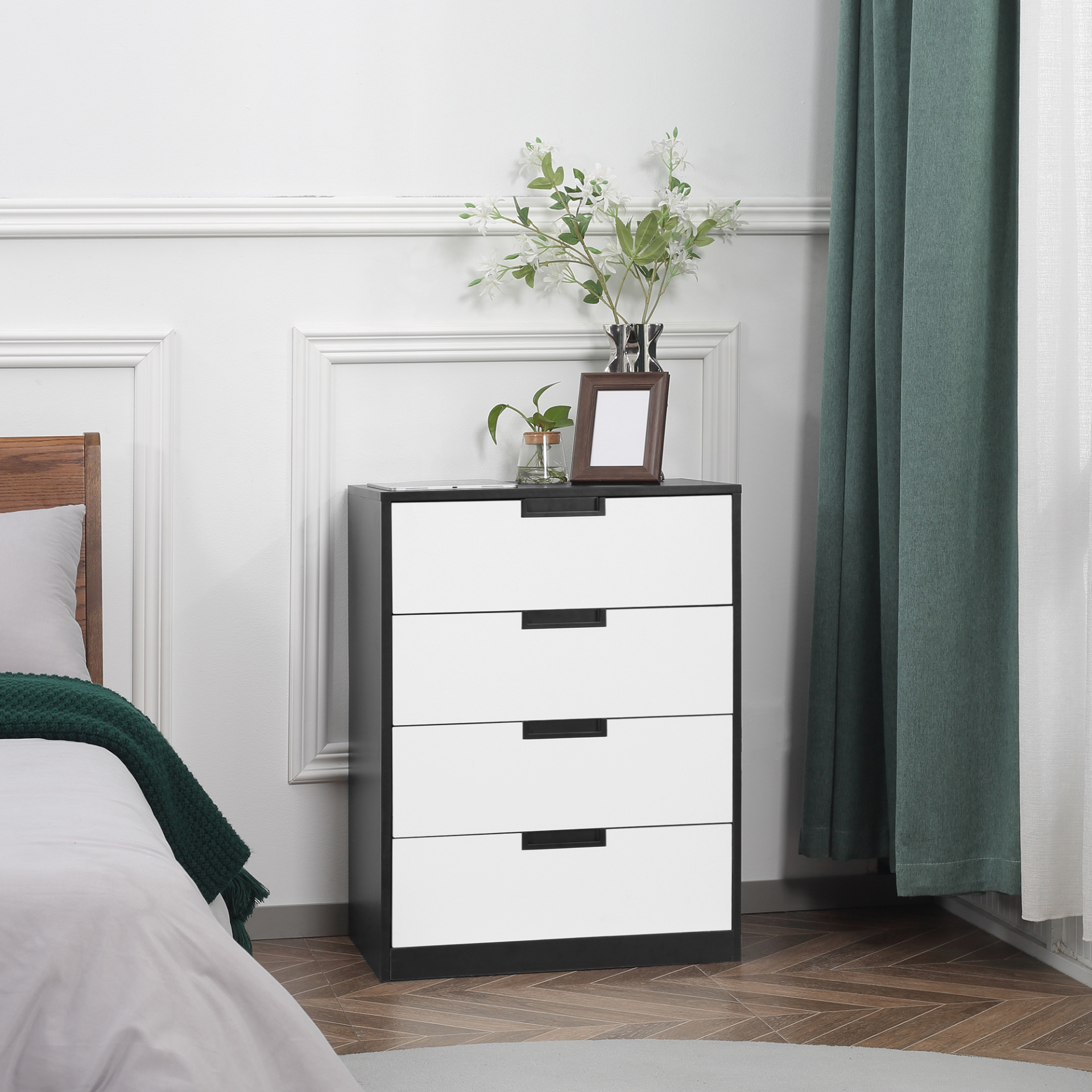 HOMCOM Modern 4-Drawer Chest of Drawers – Sleek White & Black Storage Organizer for Bedroom & Living Room - BEYRUN