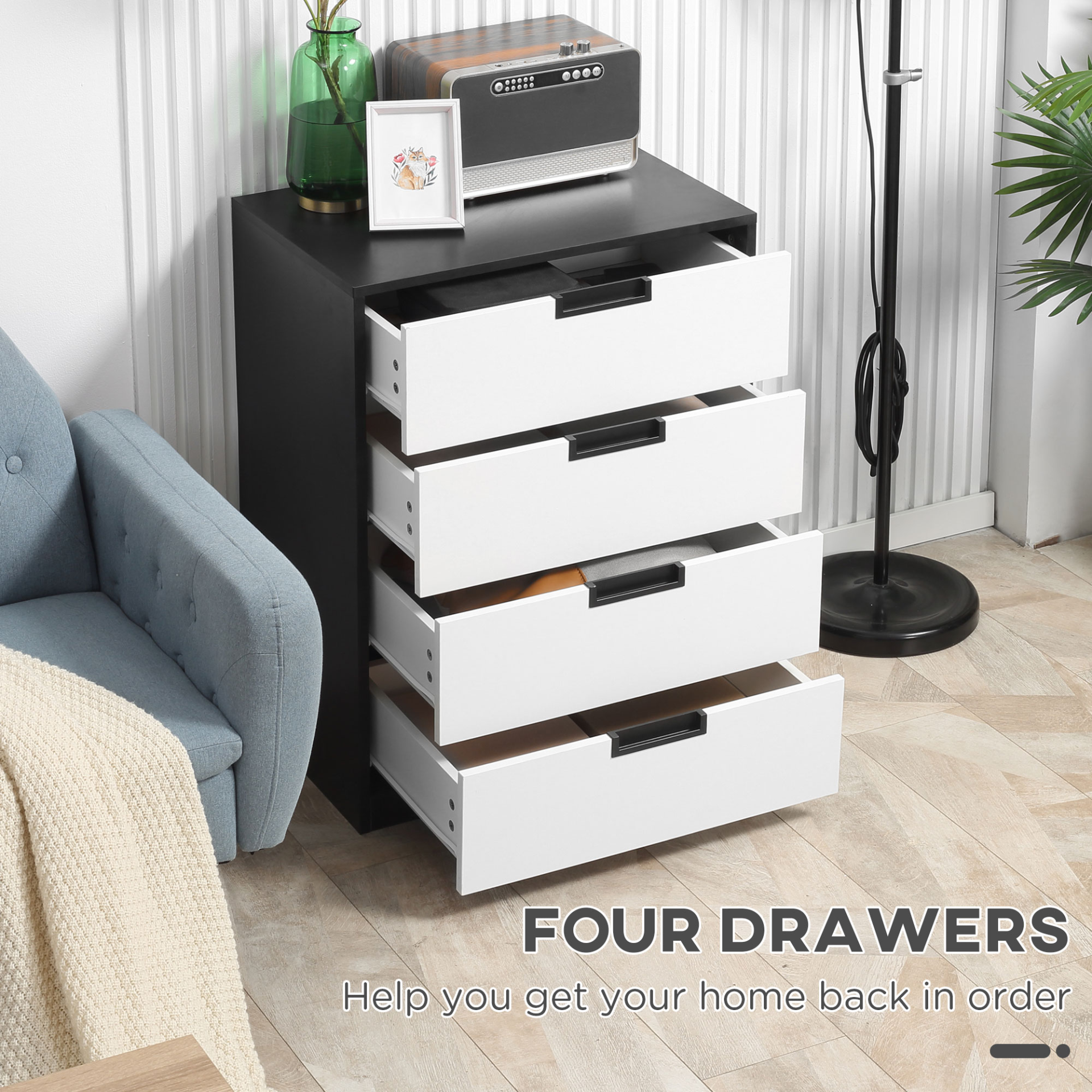 HOMCOM Modern 4-Drawer Chest of Drawers – Sleek White & Black Storage Organizer for Bedroom & Living Room - BEYRUN