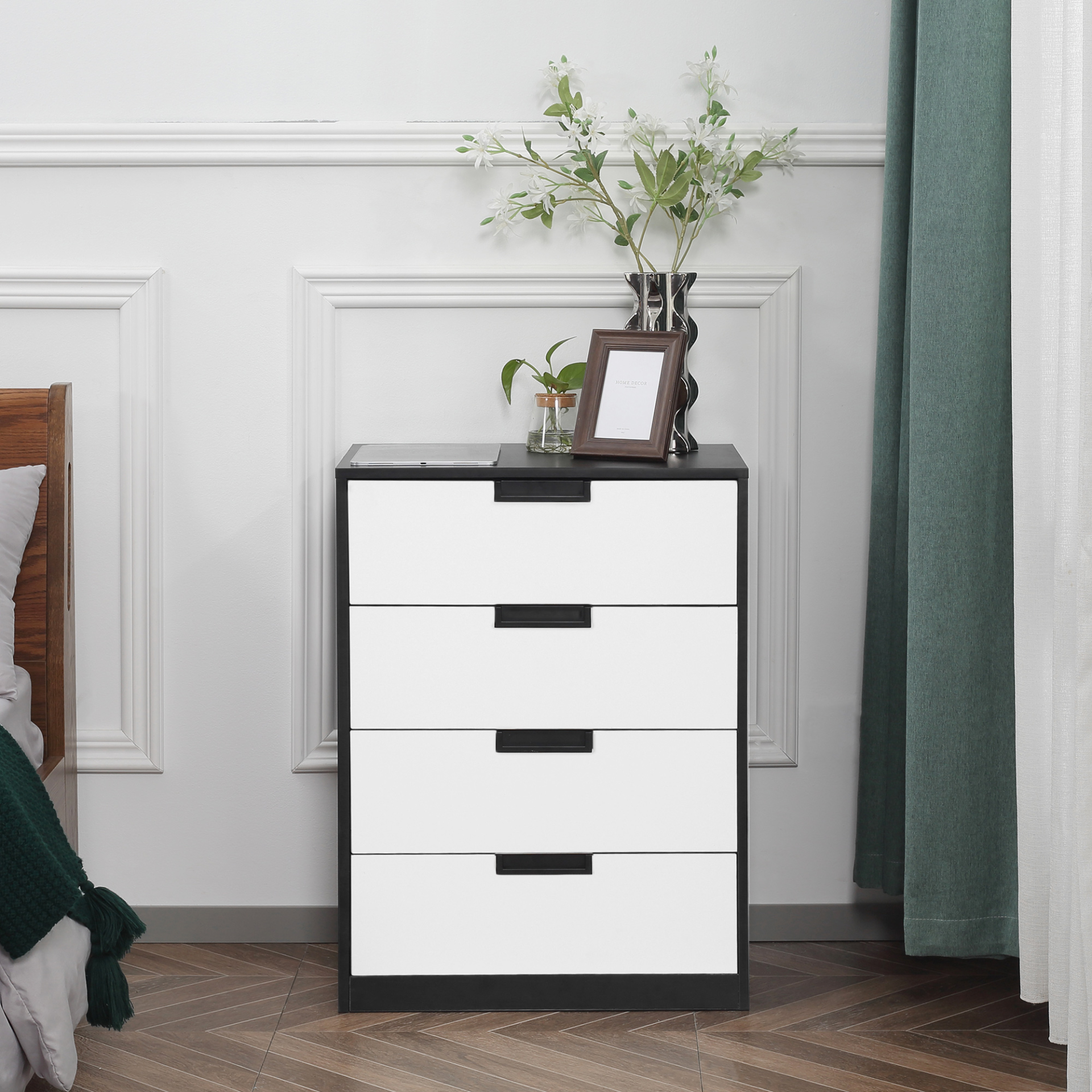 HOMCOM Modern 4-Drawer Chest of Drawers – Sleek White & Black Storage Organizer for Bedroom & Living Room - BEYRUN