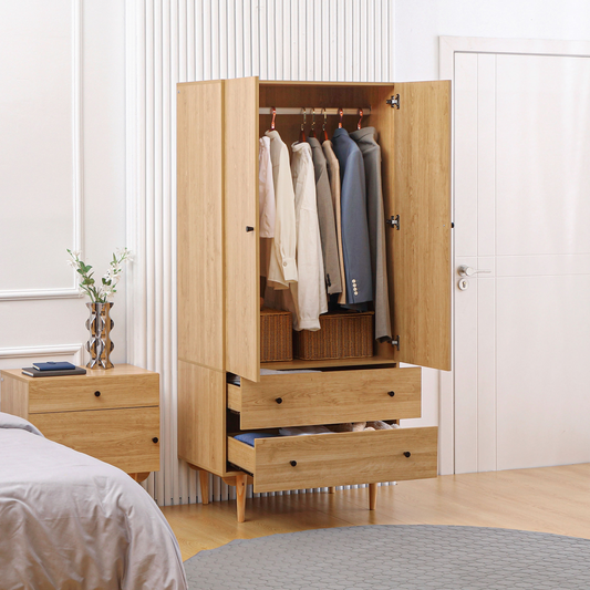 HOMCOM 2 Door Wardrobe with Drawers & Hanging Rail - Natural Wood, Anti-tipping Design - BEYRUN