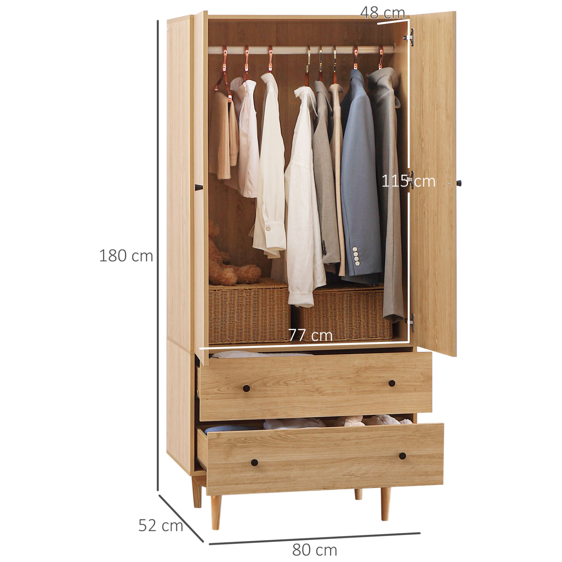 HOMCOM 2 Door Wardrobe with Drawers & Hanging Rail - Natural Wood, Anti-tipping Design - BEYRUN