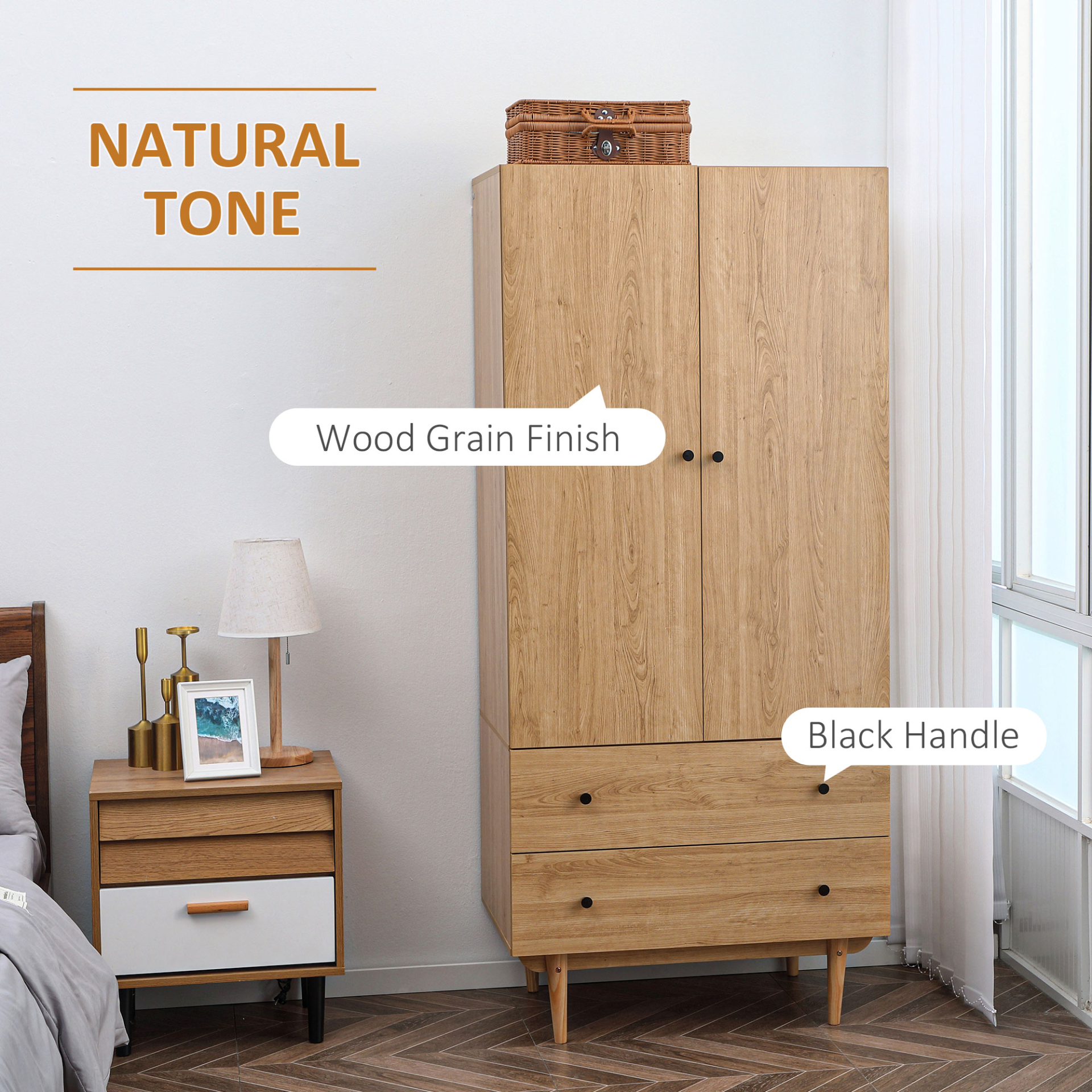 HOMCOM 2 Door Wardrobe with Drawers & Hanging Rail - Natural Wood, Anti-tipping Design - BEYRUN