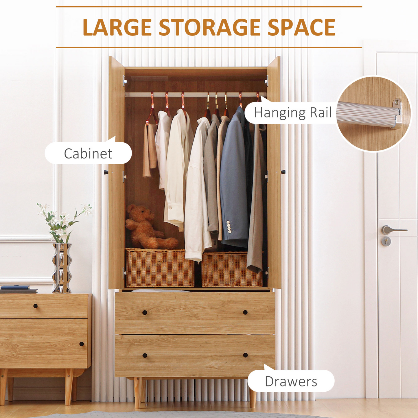 HOMCOM 2 Door Wardrobe with Drawers & Hanging Rail - Natural Wood, Anti-tipping Design - BEYRUN