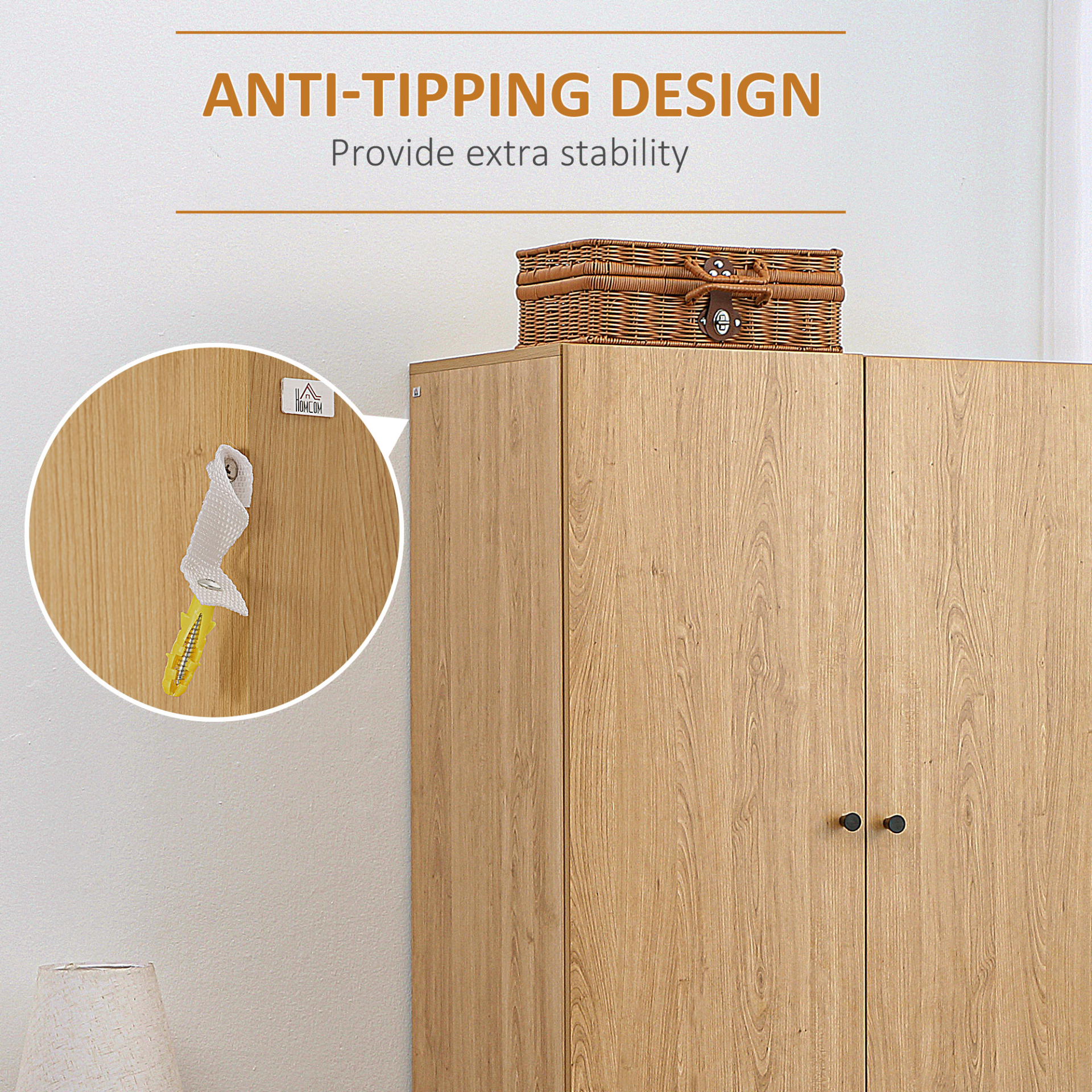 HOMCOM 2 Door Wardrobe with Drawers & Hanging Rail - Natural Wood, Anti-tipping Design - BEYRUN