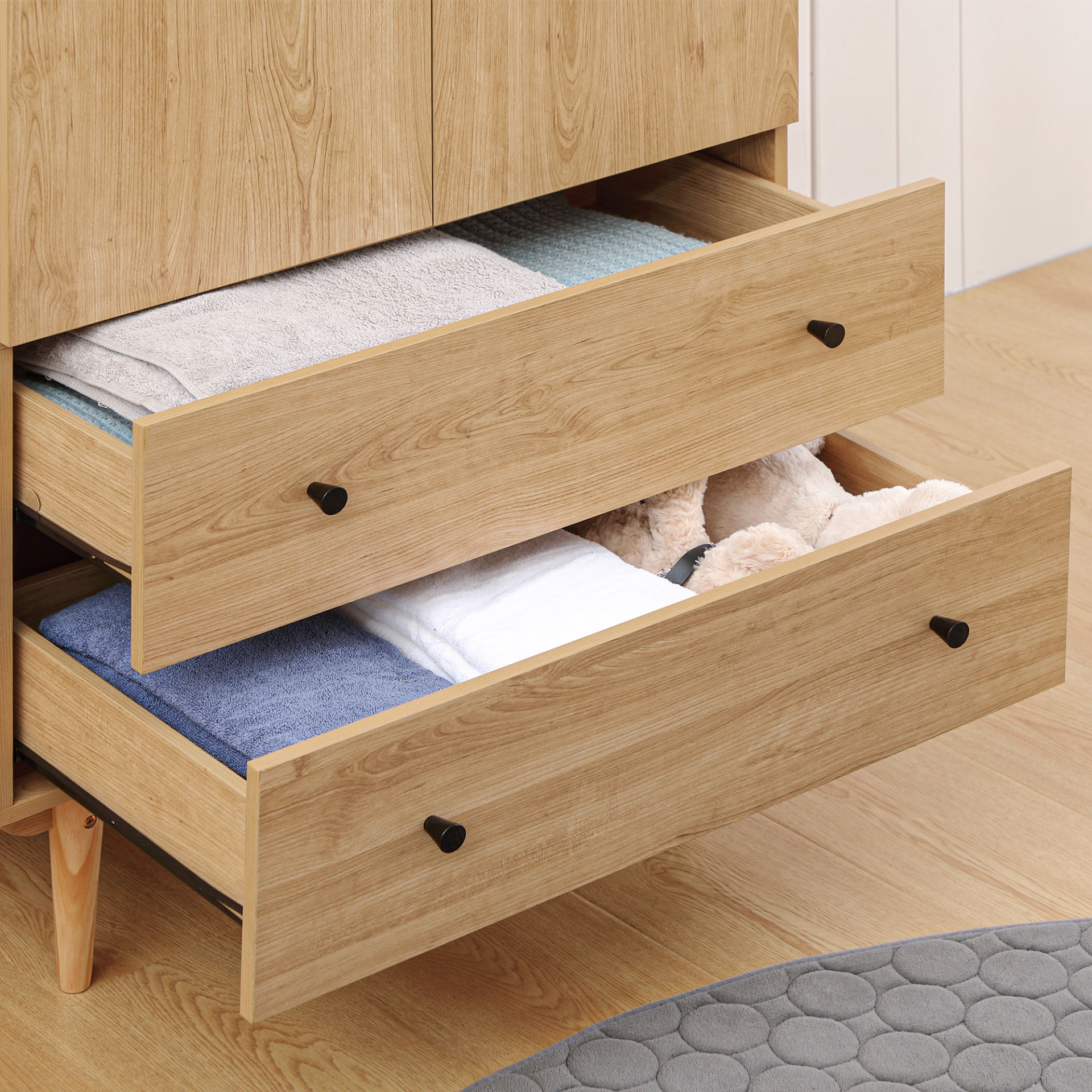 HOMCOM 2 Door Wardrobe with Drawers & Hanging Rail - Natural Wood, Anti-tipping Design - BEYRUN