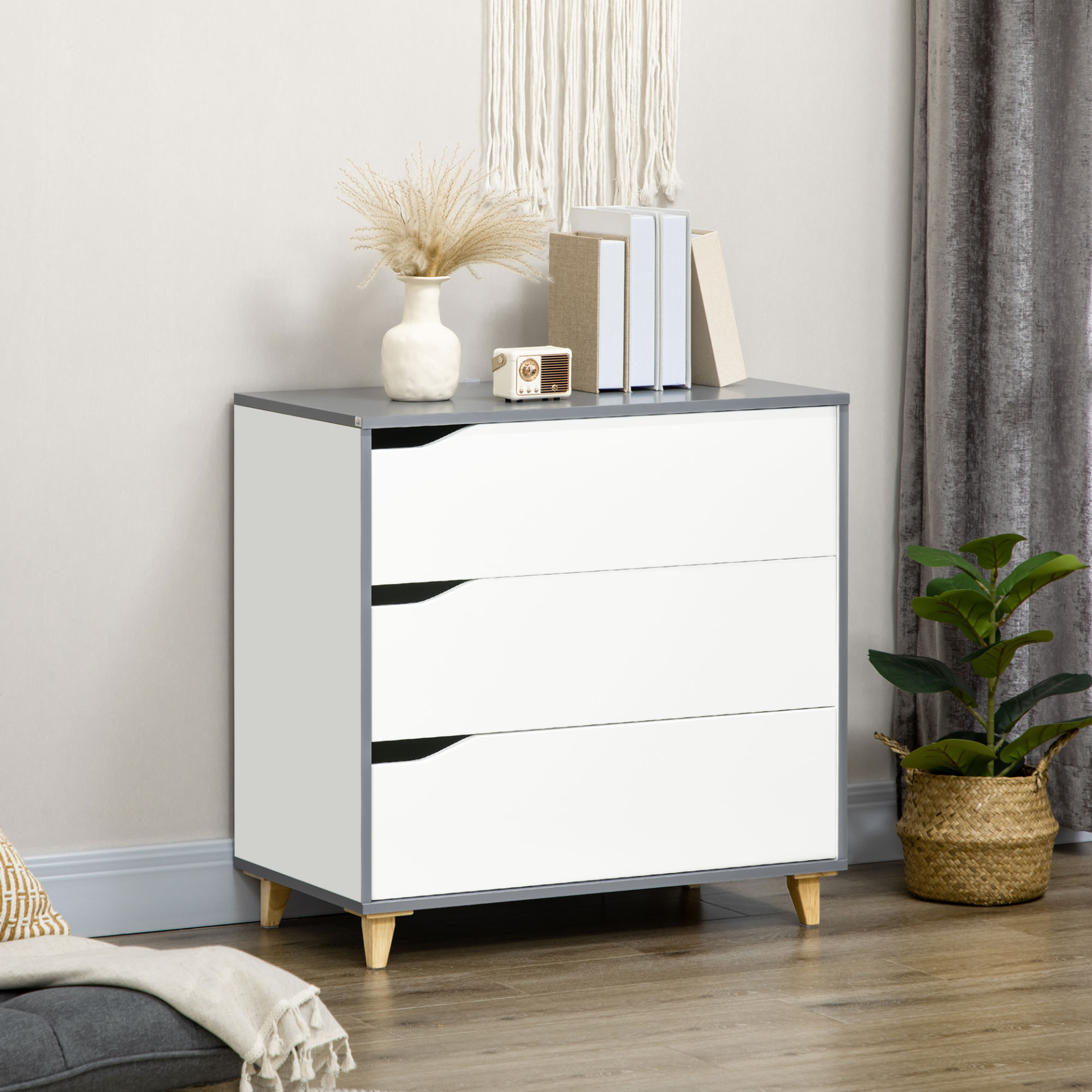 HOMCOM 3-Drawer Chest of Drawers with Pine Wood Legs | Elegant White Finish | Bedroom & Living Room Storage Organizer - BEYRUN