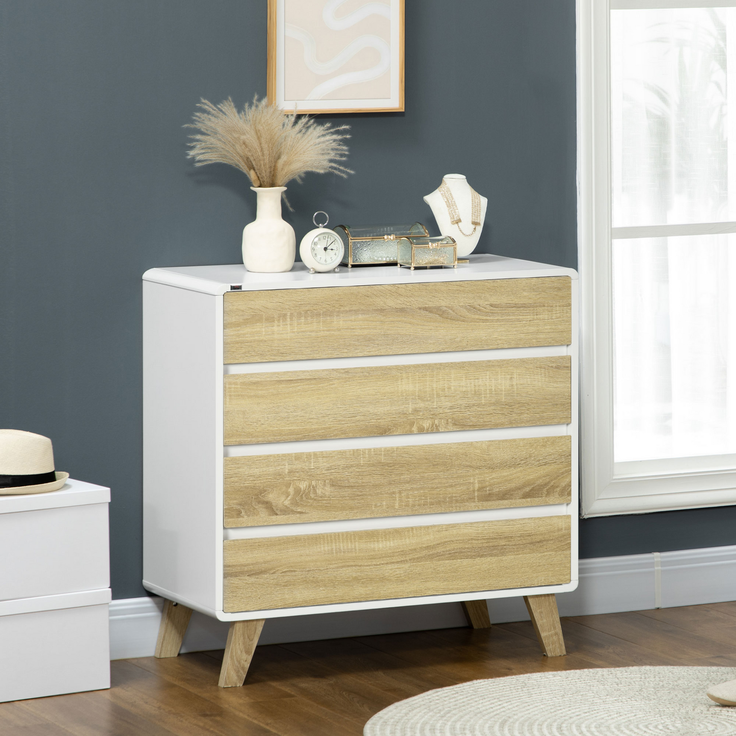 HOMCOM 4-Drawer Chest of Drawers - Stylish Storage Cabinet with Sturdy Legs, Perfect for Bedroom & Living Room, White & Natural Finish - BEYRUN