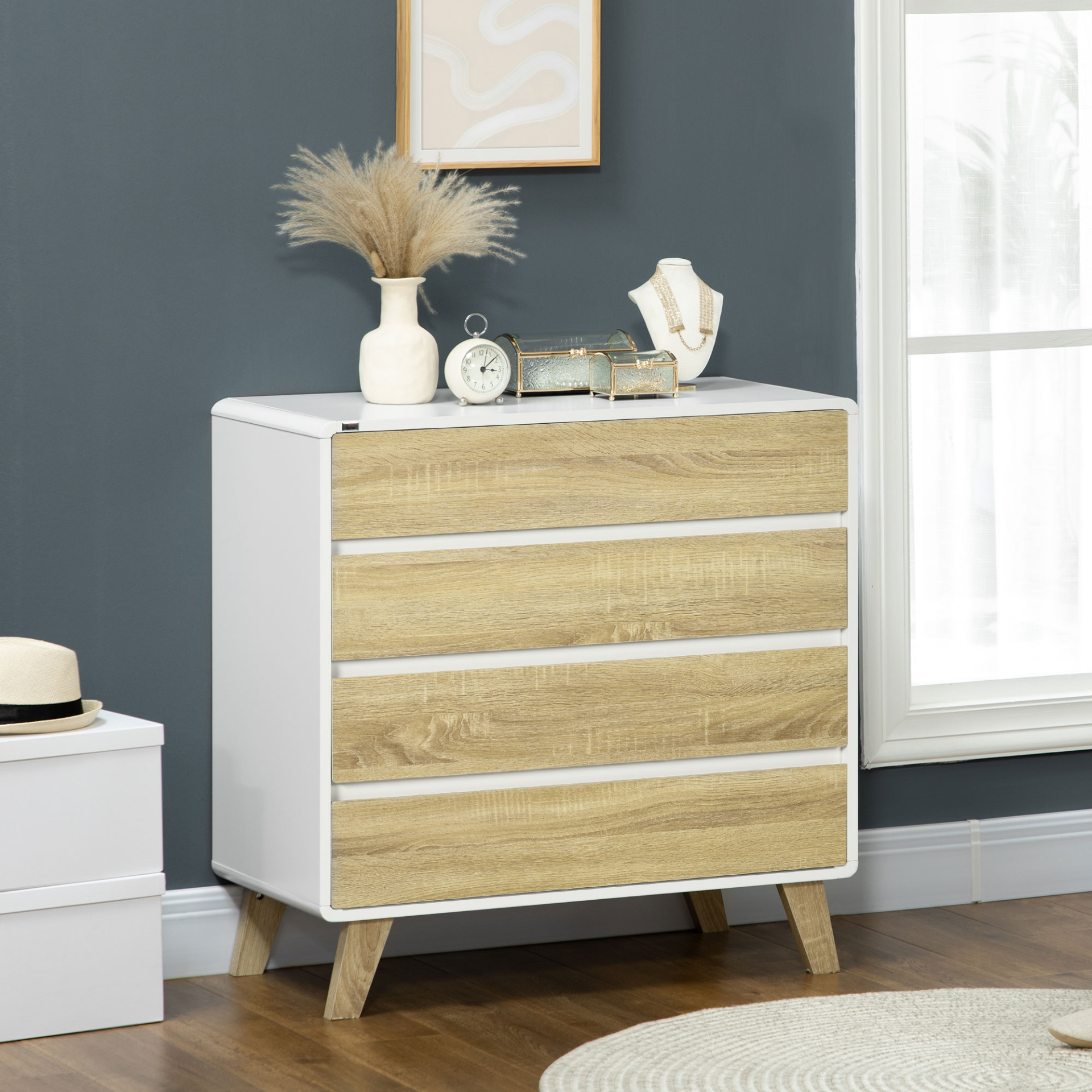 HOMCOM 4-Drawer Chest of Drawers - Stylish Storage Cabinet with Sturdy Legs, Perfect for Bedroom & Living Room, White & Natural Finish - BEYRUN