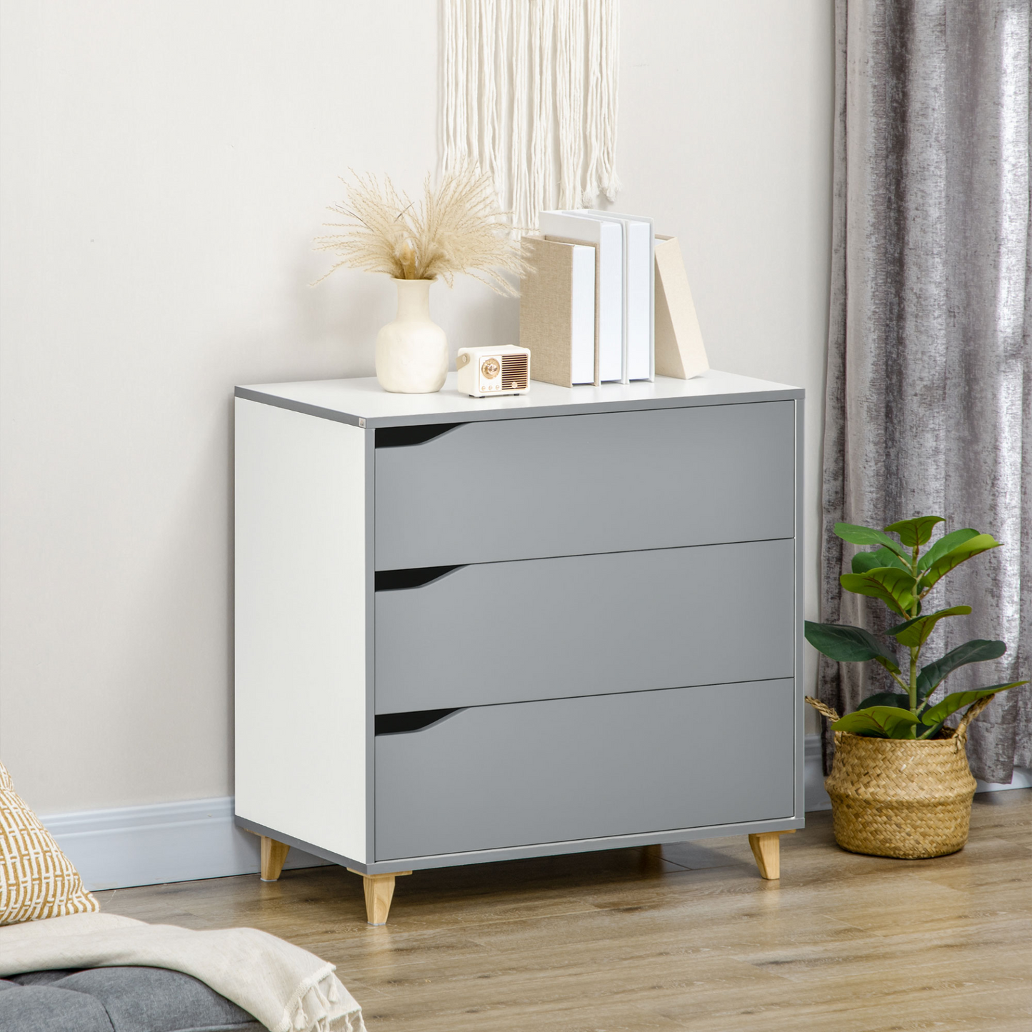 HOMCOM 3-Drawer Chest of Drawers with Durable Pine Wood Legs, Elegant Grey Finish - Perfect for Bedroom & Living Room Storage - BEYRUN