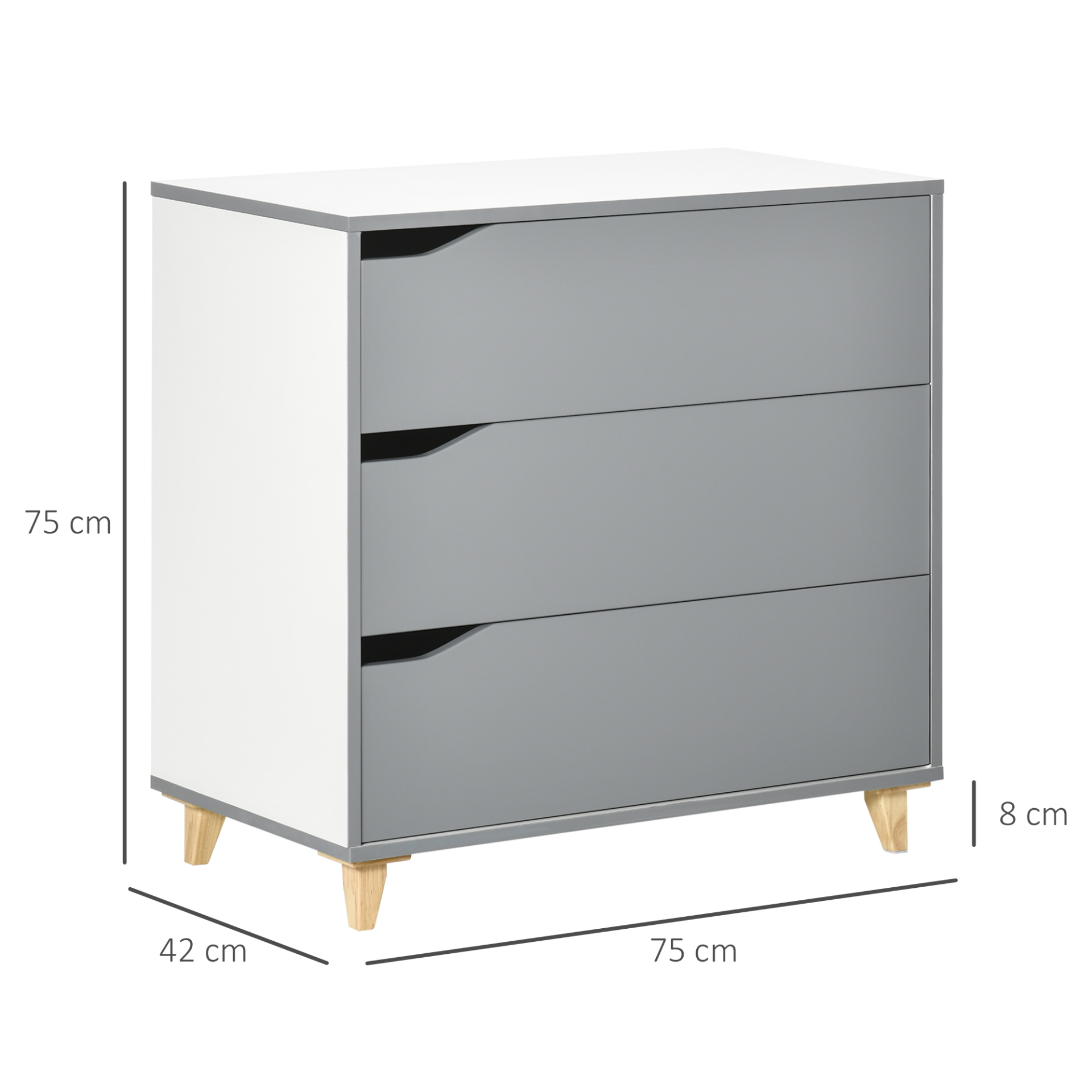 HOMCOM 3-Drawer Chest of Drawers with Durable Pine Wood Legs, Elegant Grey Finish - Perfect for Bedroom & Living Room Storage - BEYRUN