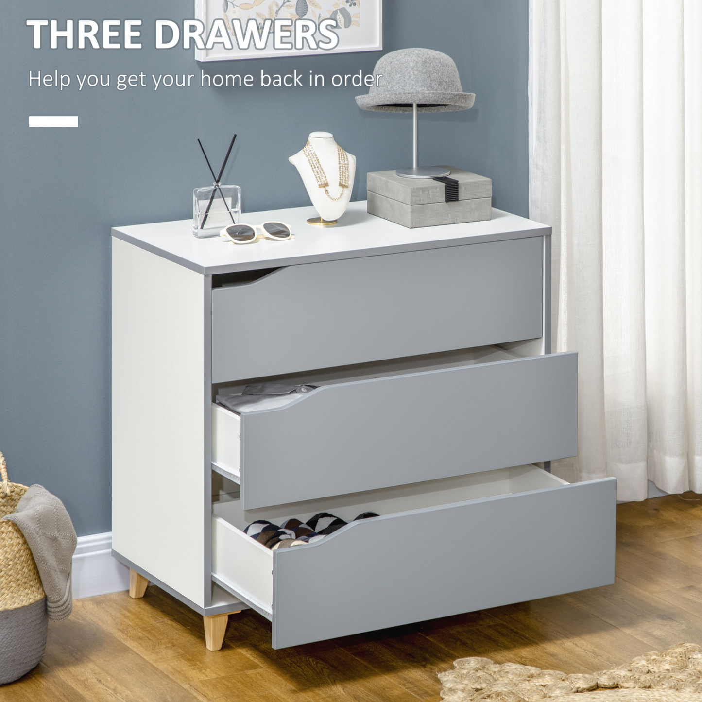 HOMCOM 3-Drawer Chest of Drawers with Durable Pine Wood Legs, Elegant Grey Finish - Perfect for Bedroom & Living Room Storage - BEYRUN