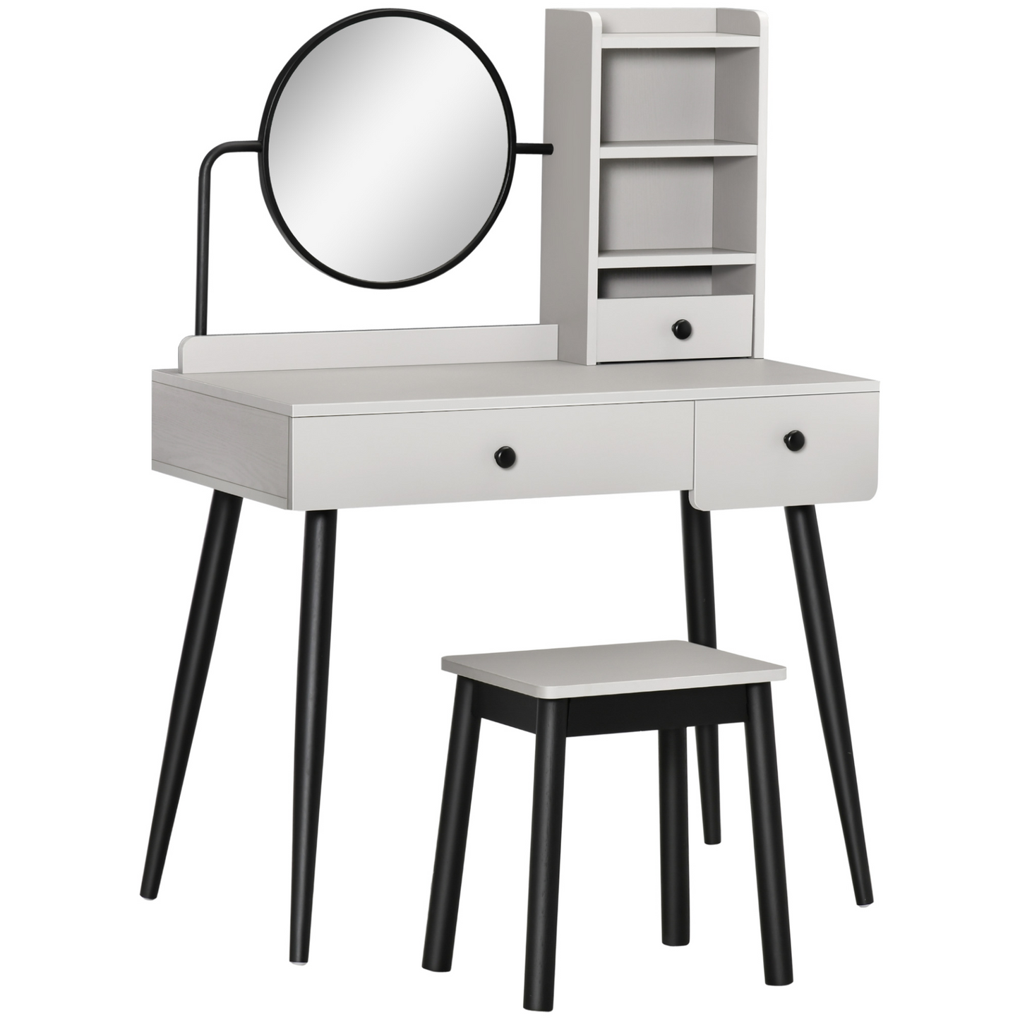 HOMCOM Grey Dressing Table Set with Mirror and Stool, Vanity Makeup Table with 3 Drawers and Shelves - BEYRUN