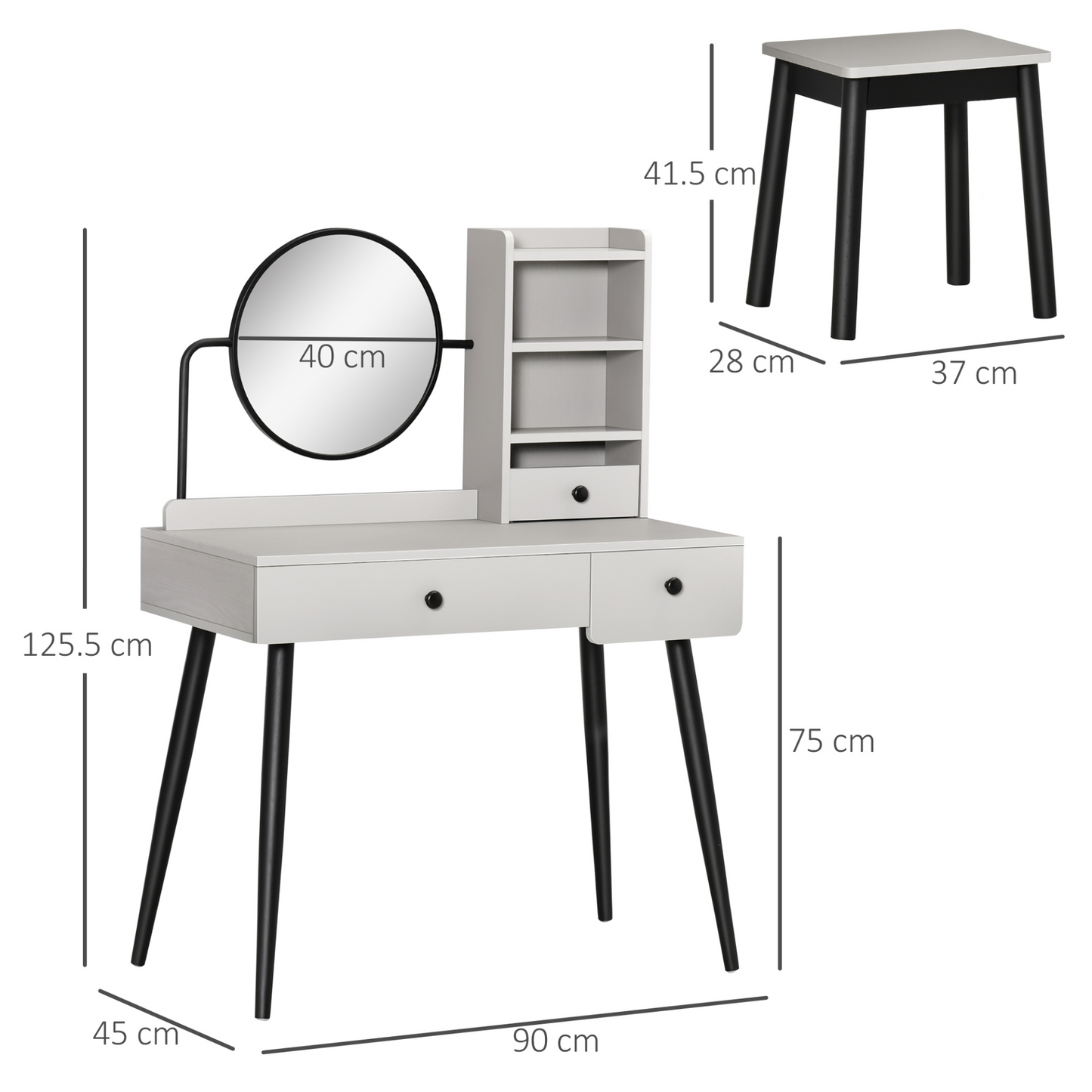 HOMCOM Grey Dressing Table Set with Mirror and Stool, Vanity Makeup Table with 3 Drawers and Shelves - BEYRUN