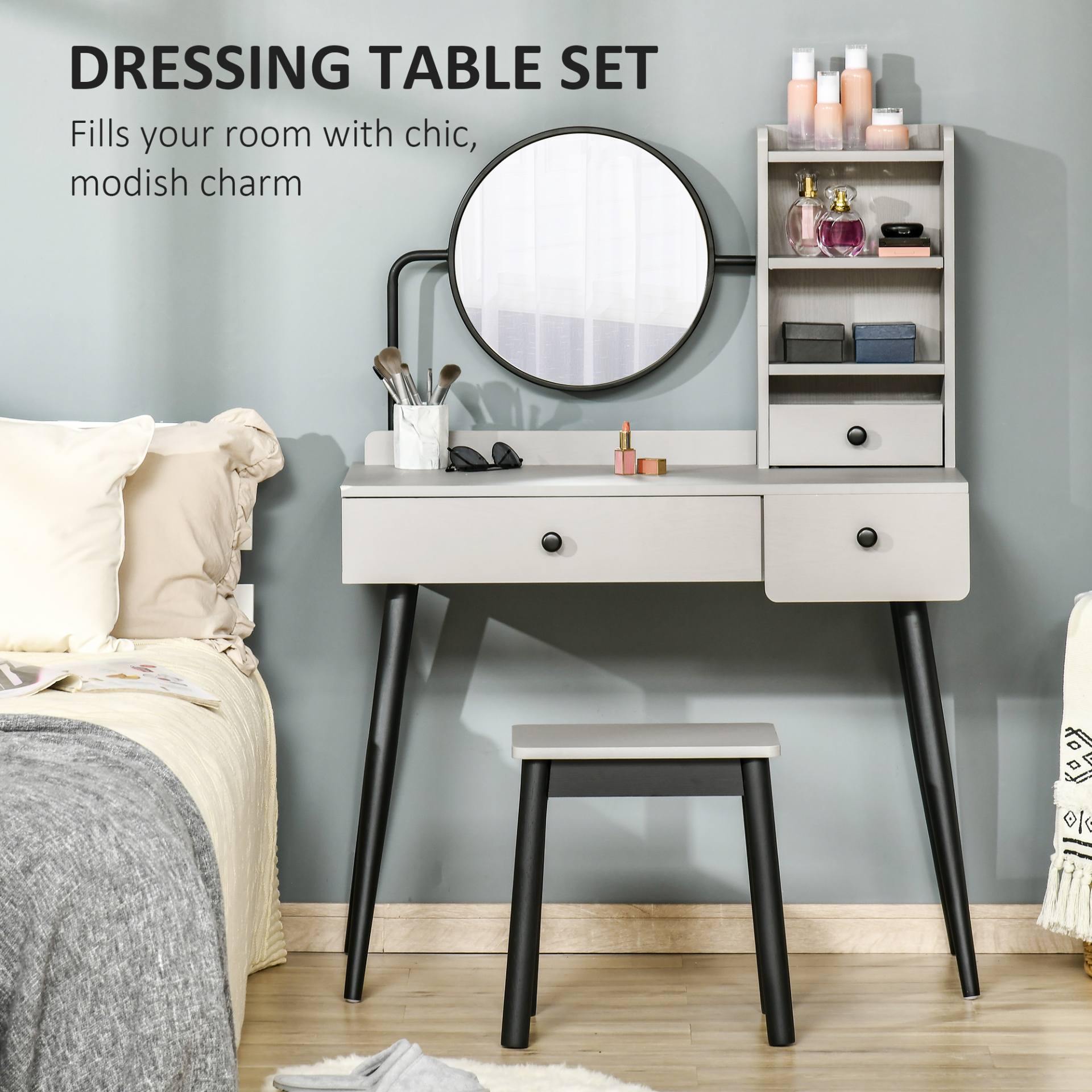 HOMCOM Grey Dressing Table Set with Mirror and Stool, Vanity Makeup Table with 3 Drawers and Shelves - BEYRUN