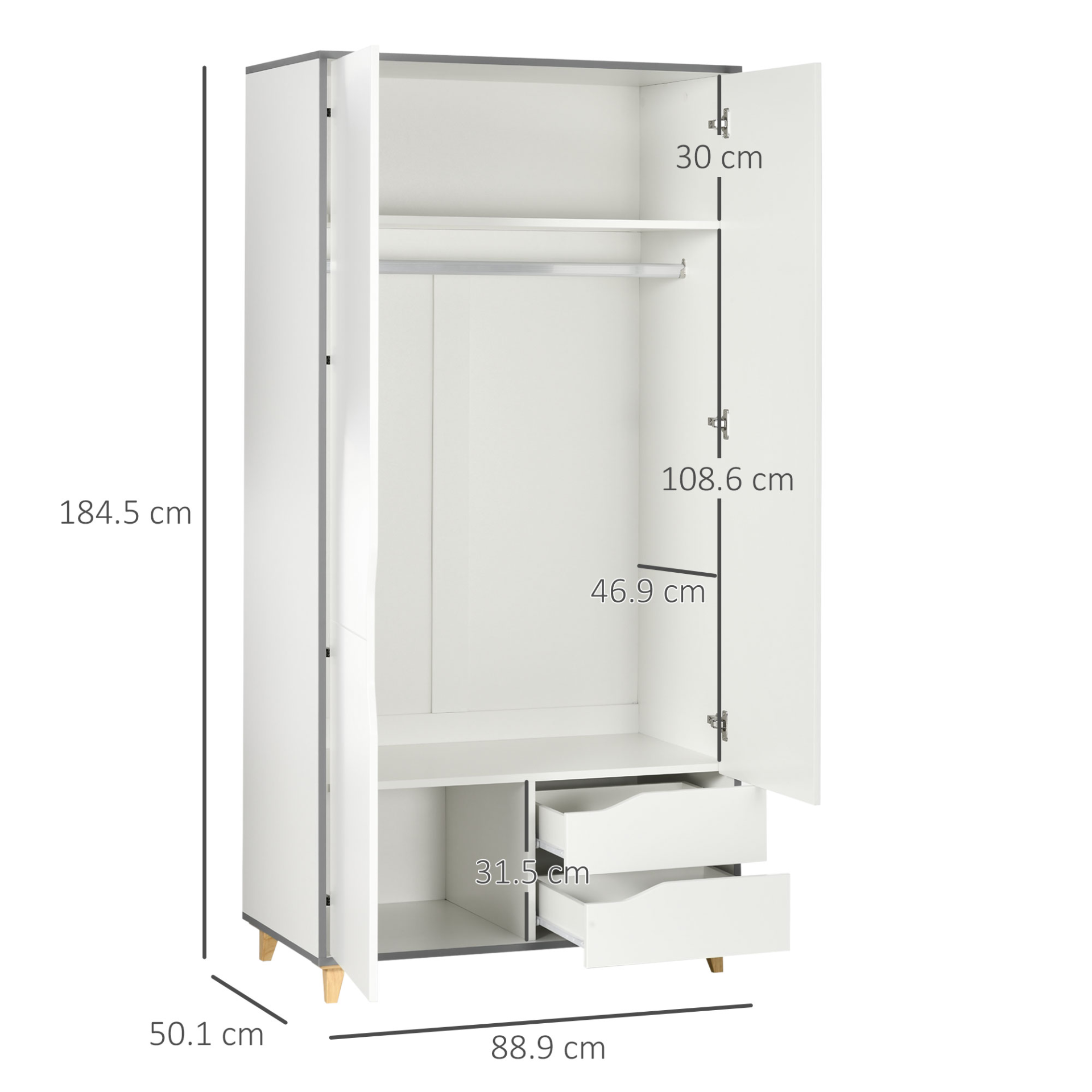 HOMCOM 2 Door Wardrobe with 2 Drawers, Hanging Rail, Shelves, Anti-tipping Design - White | Bedroom Clothes Storage Organiser - BEYRUN