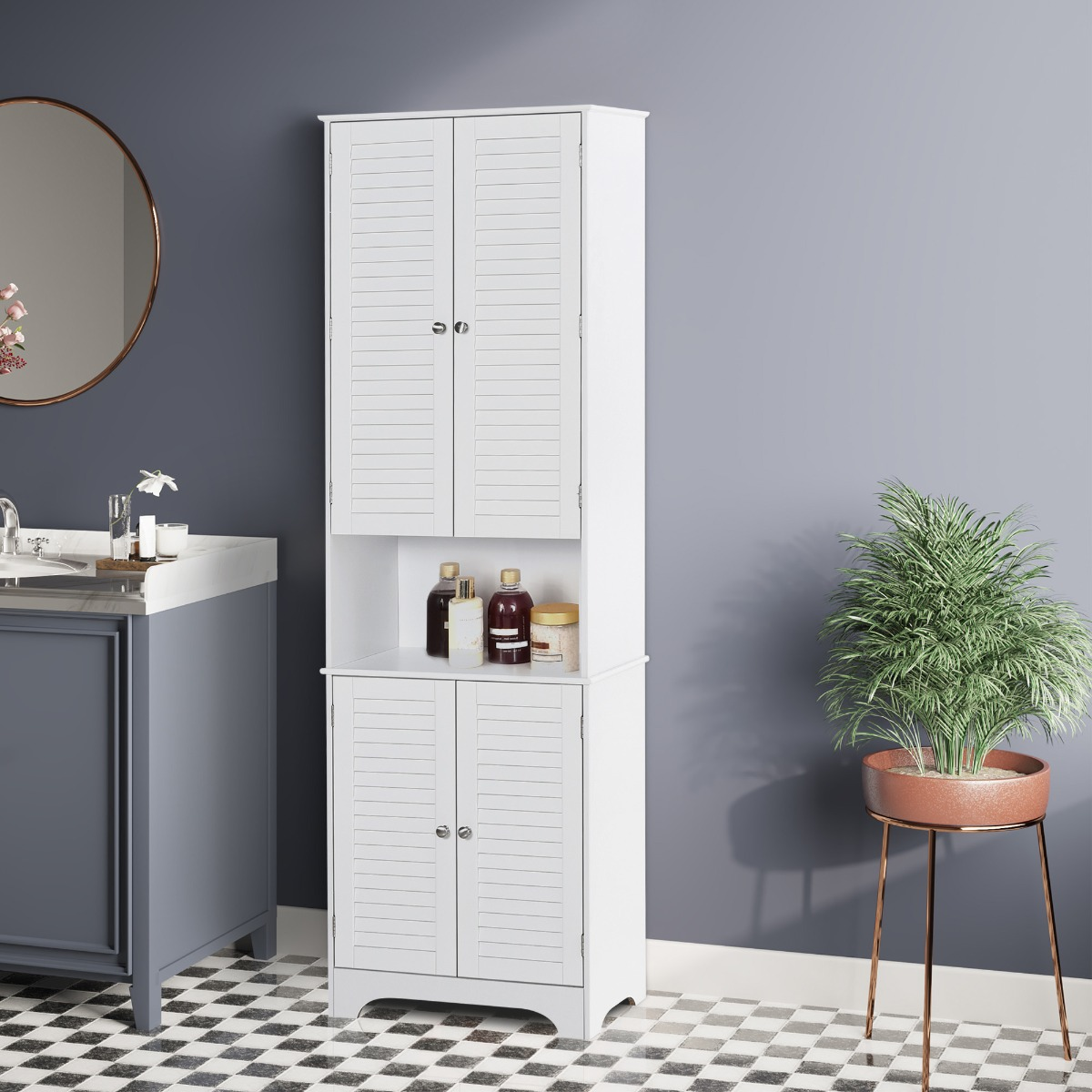 HOMCOM Tall Freestanding Bathroom Cabinet with Retro Shutters, Spacious Storage & Durable Design - White - BEYRUN