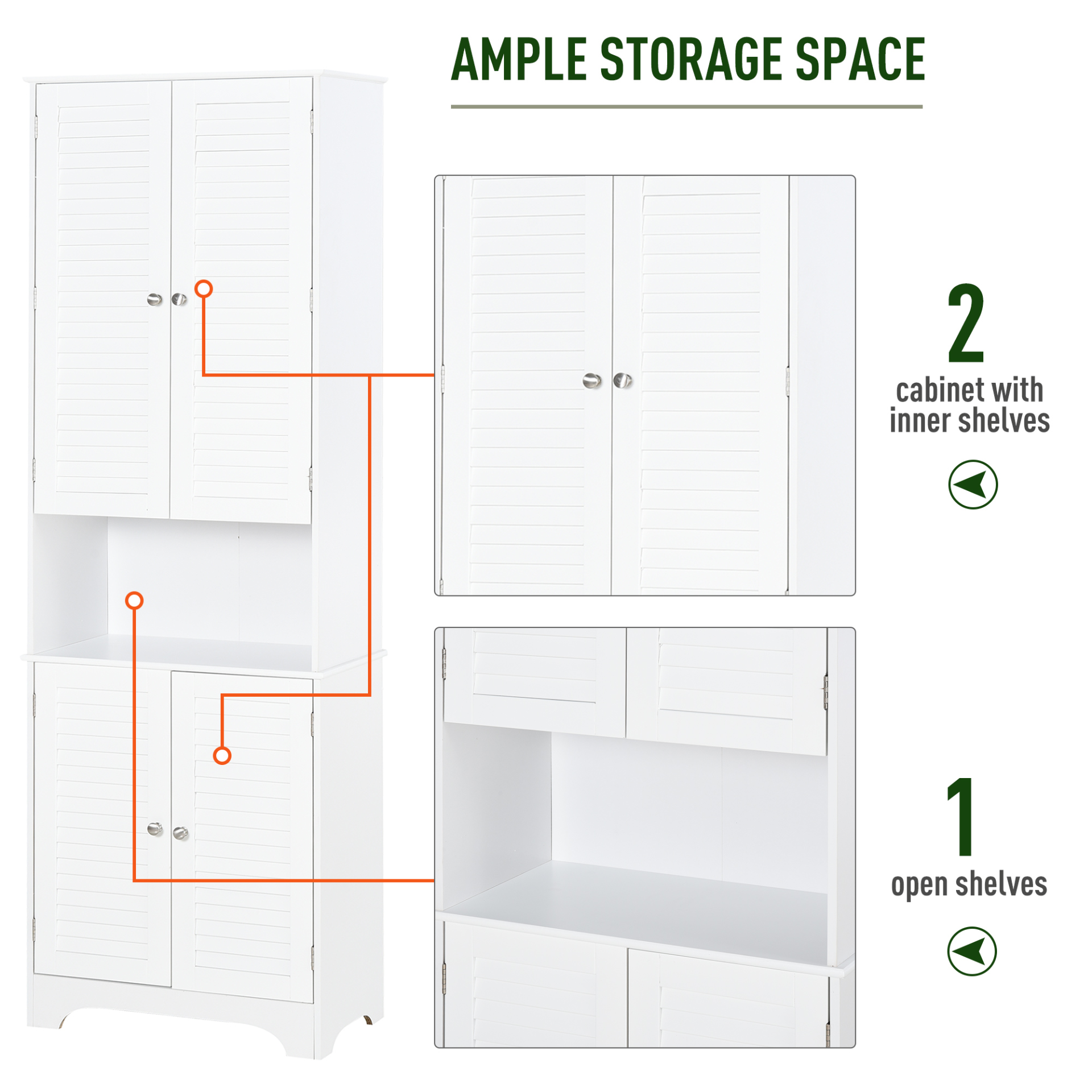 HOMCOM Tall Freestanding Bathroom Cabinet with Retro Shutters, Spacious Storage & Durable Design - White - BEYRUN