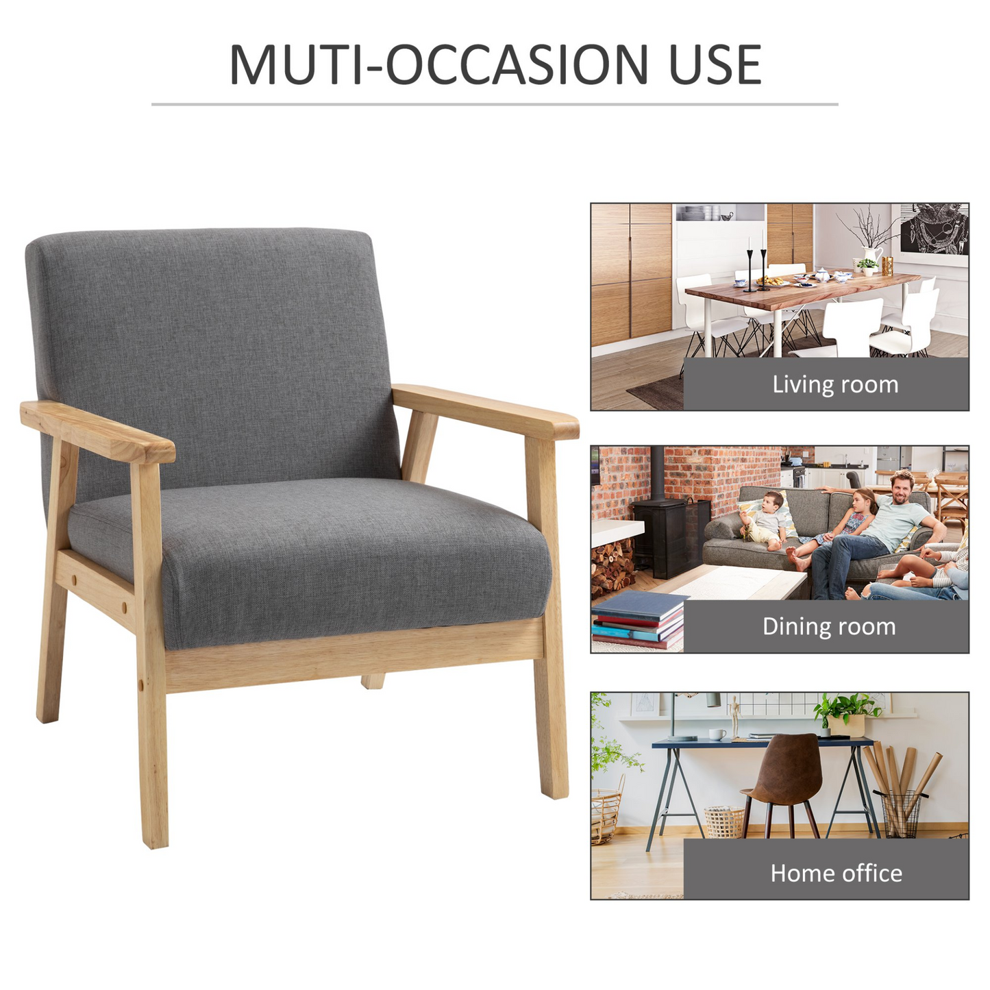 HOMCOM Minimalistic Accent Chair with Wood Frame, Thick Linen Cushions & Wide Seat - Mid Century Armchair for Home, Bedroom, Office - BEYRUN