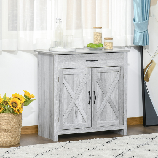 HOMCOM Farmhouse Barn Door Sideboard Storage Cabinet Coffee Bar – Rustic Grey Grain, Adjustable Shelving, Durable & Stylish - BEYRUN