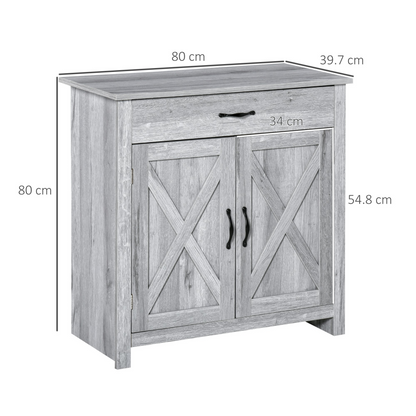 HOMCOM Farmhouse Barn Door Sideboard Storage Cabinet Coffee Bar – Rustic Grey Grain, Adjustable Shelving, Durable & Stylish - BEYRUN