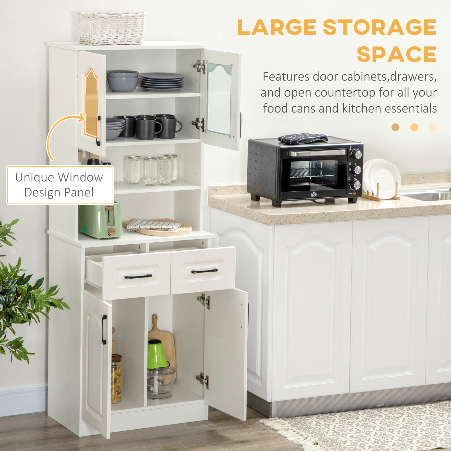 HOMCOM White Kitchen Cupboard – Freestanding Storage Cabinet with Adjustable Shelves, Drawers & Open Counter | Perfect for Living & Dining Rooms | 168cm - BEYRUN