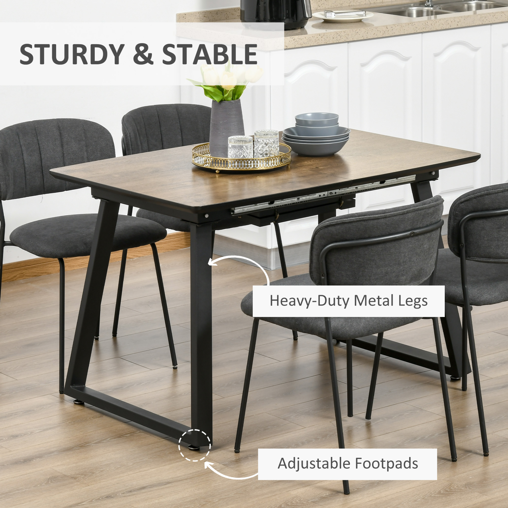 HOMCOM Extendable Dining Table - Rectangular Wood Effect, Steel Frame, Seats 4-6 - Ideal for Kitchen & Dining Room - BEYRUN