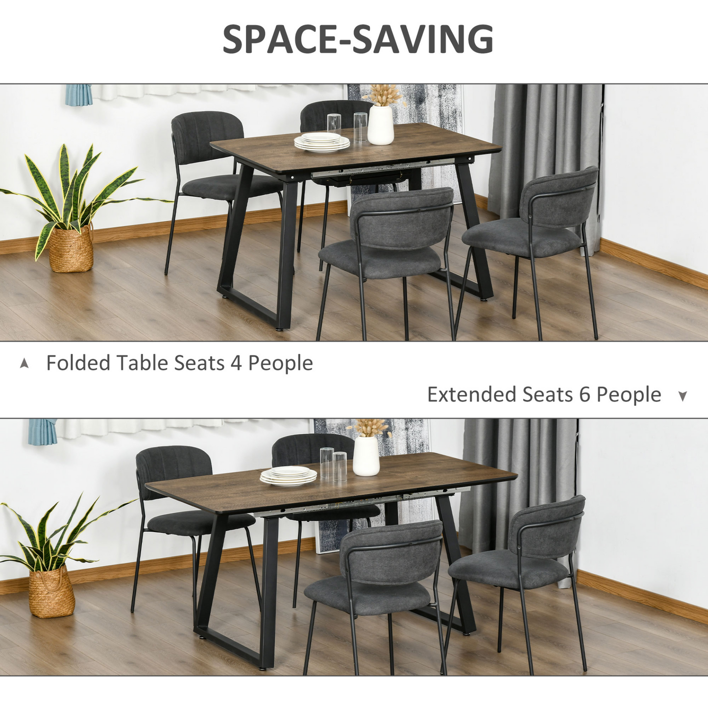 HOMCOM Extendable Dining Table - Rectangular Wood Effect, Steel Frame, Seats 4-6 - Ideal for Kitchen & Dining Room - BEYRUN