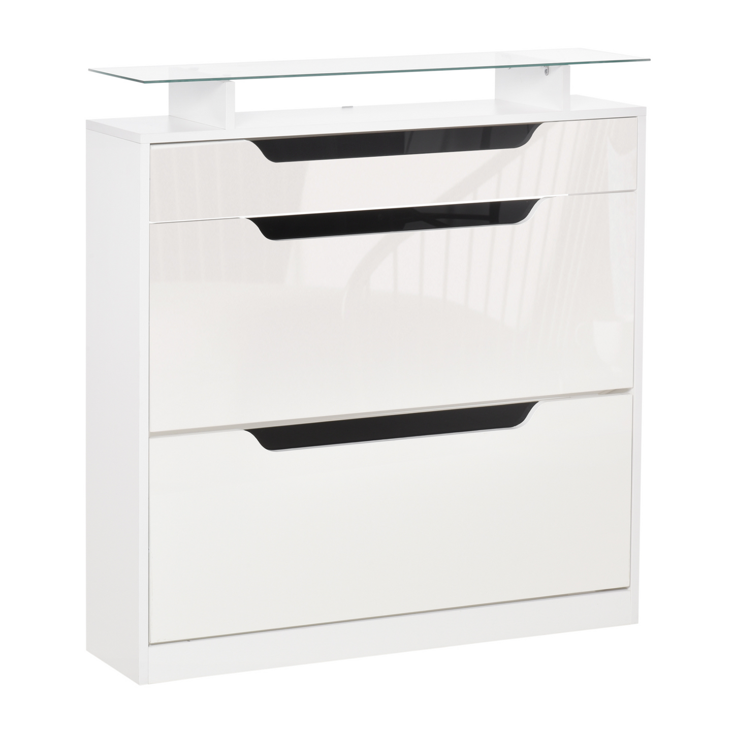 HOMCOM High Gloss White Shoe Cabinet with 3 Drawers, Tipping Bucket, Adjustable Shelf & Glass Top – Large Capacity for 14 Pairs - BEYRUN