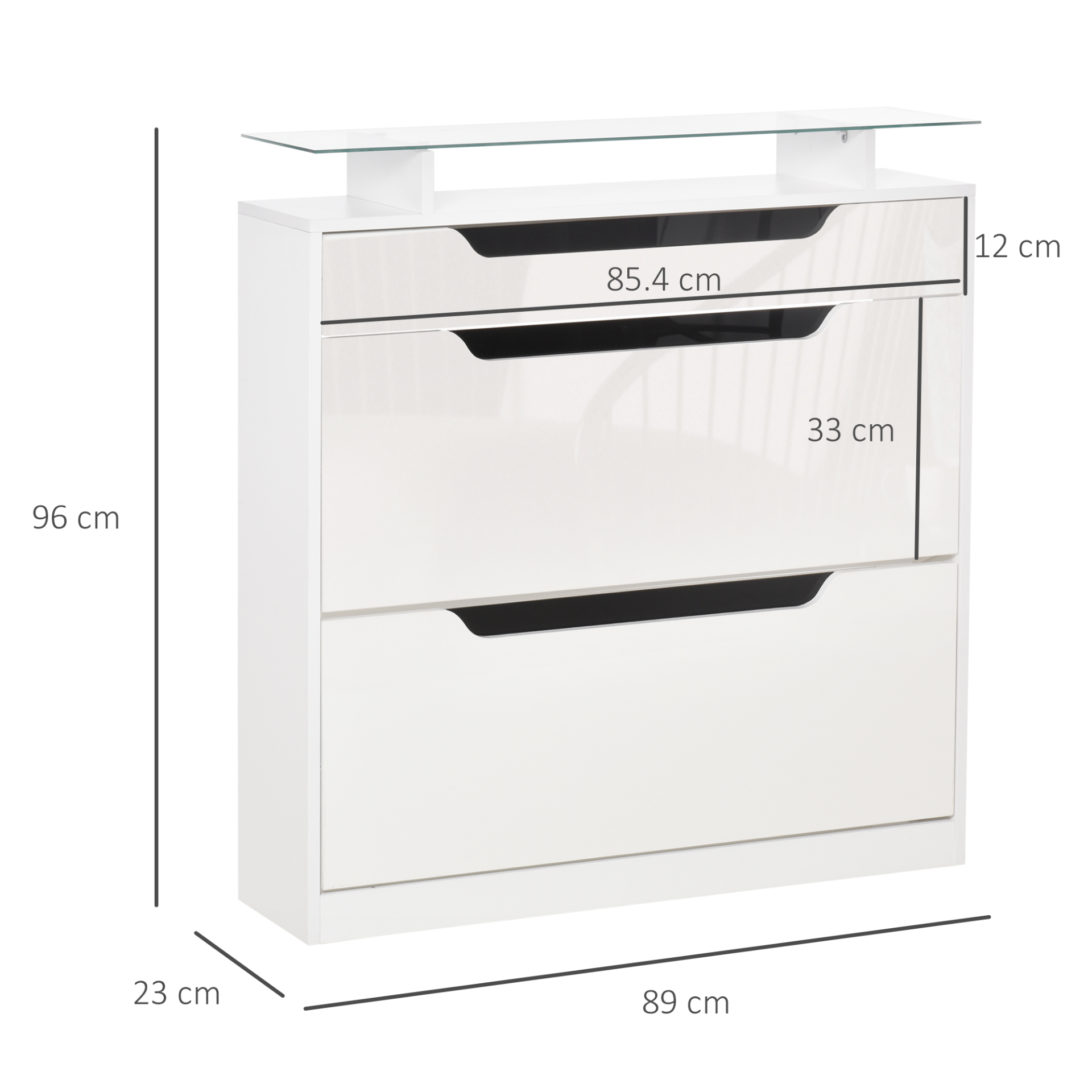 HOMCOM High Gloss White Shoe Cabinet with 3 Drawers, Tipping Bucket, Adjustable Shelf & Glass Top – Large Capacity for 14 Pairs - BEYRUN