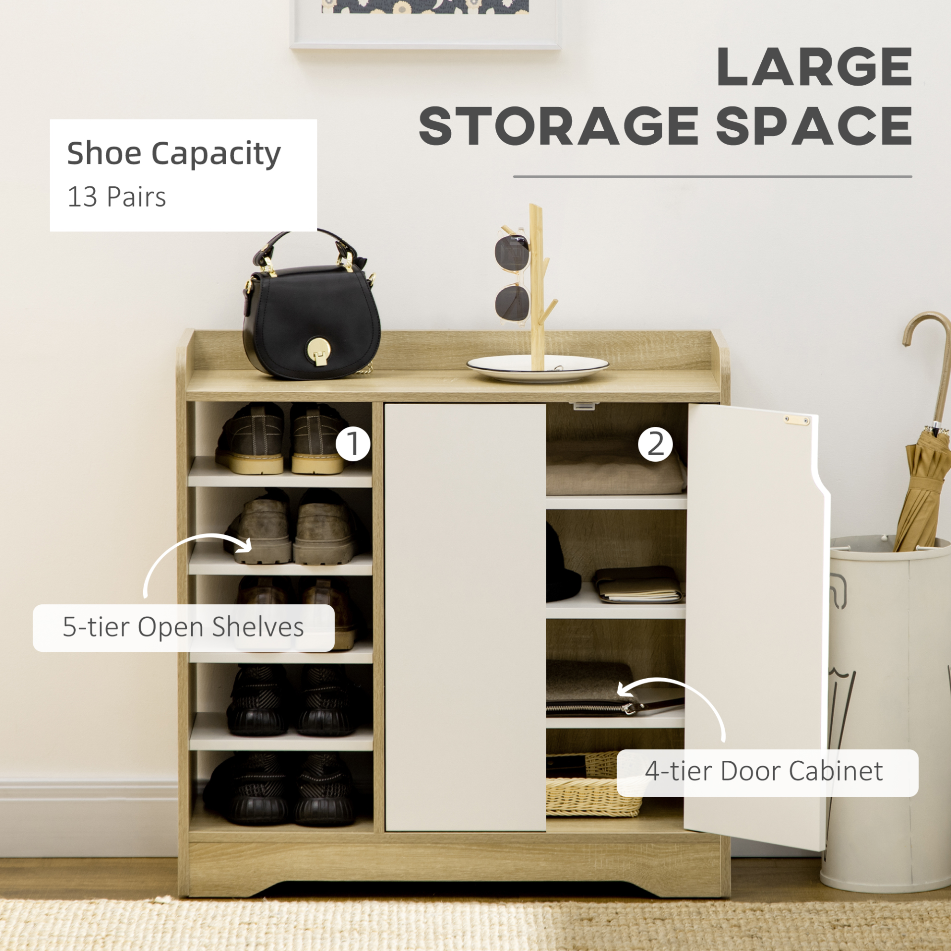 HOMCOM Modern Shoe Cabinet with 4-Tier Double Door Cupboard & 5-Tier Open Shelves - 13 Pair Shoe Storage Organizer in Natural and White - BEYRUN