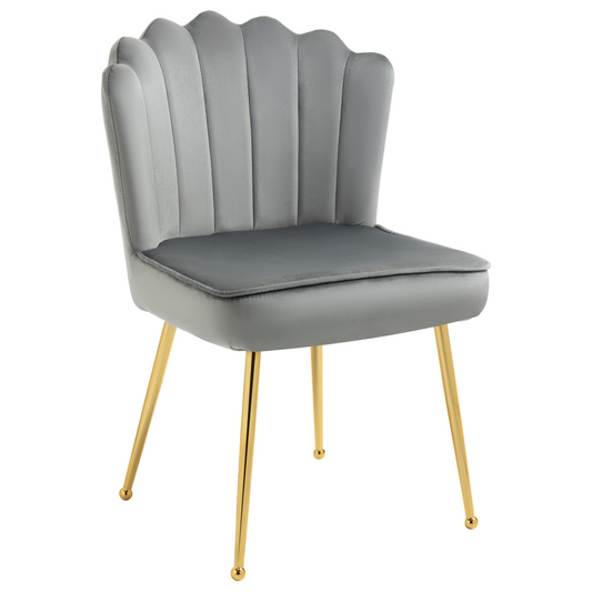 HOMCOM Velvet-Feel Shell Luxe Accent Chair - Stylish Grey Glam Vanity Chair with Metal Legs - BEYRUN