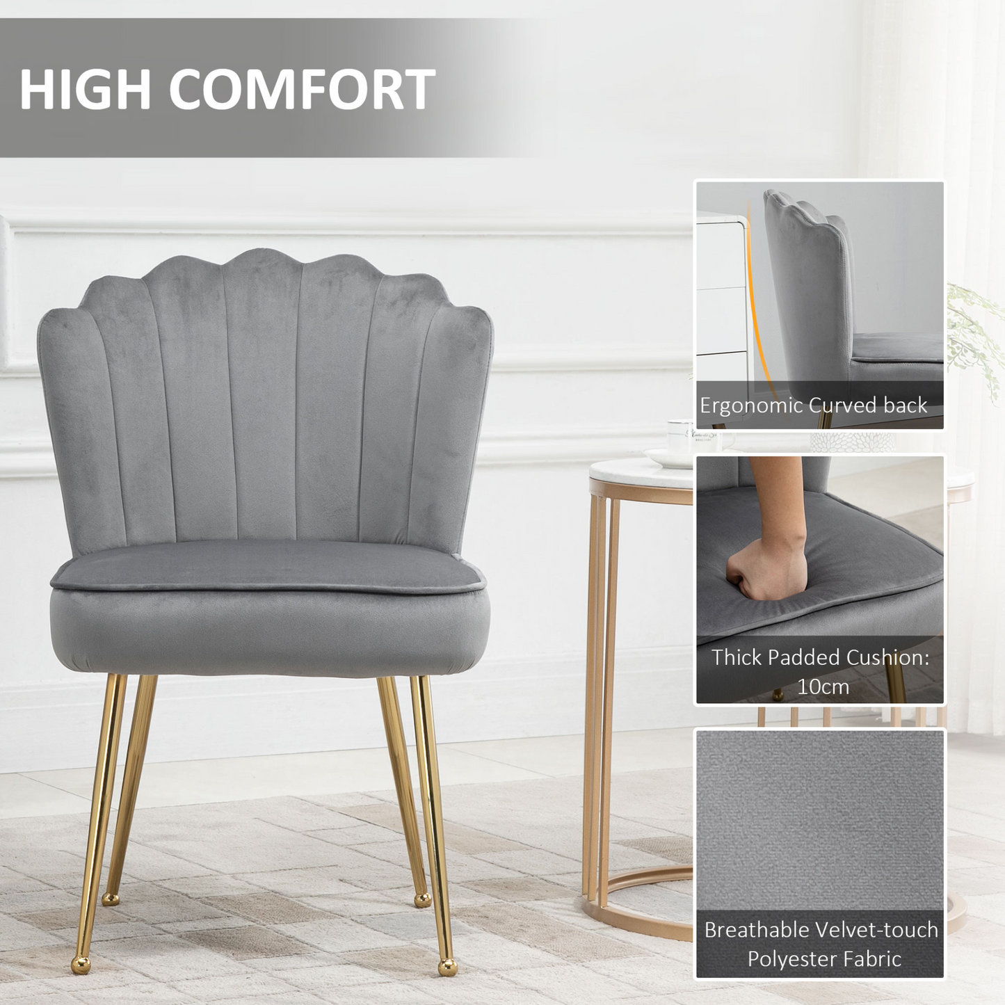 HOMCOM Velvet-Feel Shell Luxe Accent Chair - Stylish Grey Glam Vanity Chair with Metal Legs - BEYRUN