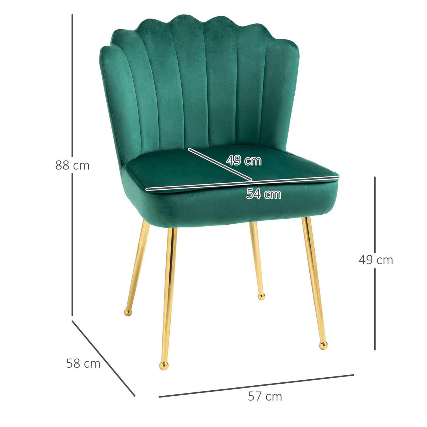 HOMCOM Velvet-Feel Shell Luxe Accent Chair - Green Glam Vanity Makeup Seat with Metal Legs, Bedroom Lounge Chair - BEYRUN