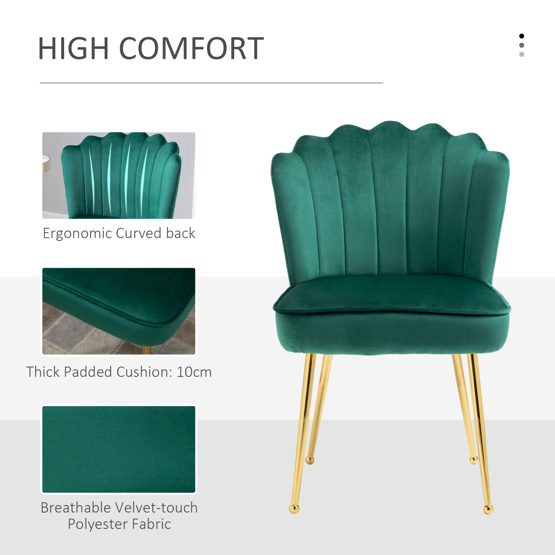 HOMCOM Velvet-Feel Shell Luxe Accent Chair - Green Glam Vanity Makeup Seat with Metal Legs, Bedroom Lounge Chair - BEYRUN