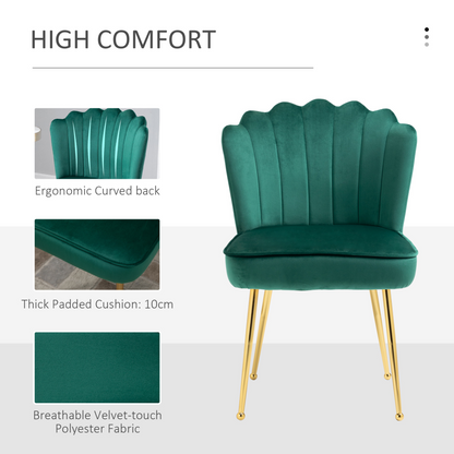 HOMCOM Velvet-Feel Shell Luxe Accent Chair - Green Glam Vanity Makeup Seat with Metal Legs, Bedroom Lounge Chair - BEYRUN