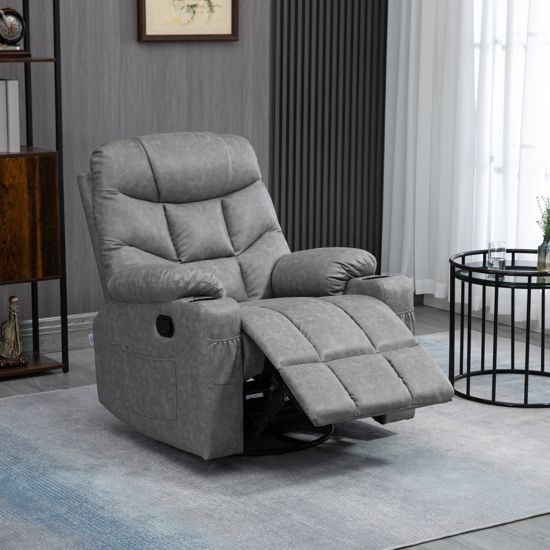 HOMCOM Manual Recliner Chair | Overstuffed PU Leather Armchair with Footrest & Cup Holders | Light Grey Recliner for Living Room & Bedroom - BEYRUN