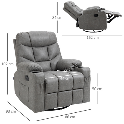 HOMCOM Manual Recliner Chair | Overstuffed PU Leather Armchair with Footrest & Cup Holders | Light Grey Recliner for Living Room & Bedroom - BEYRUN