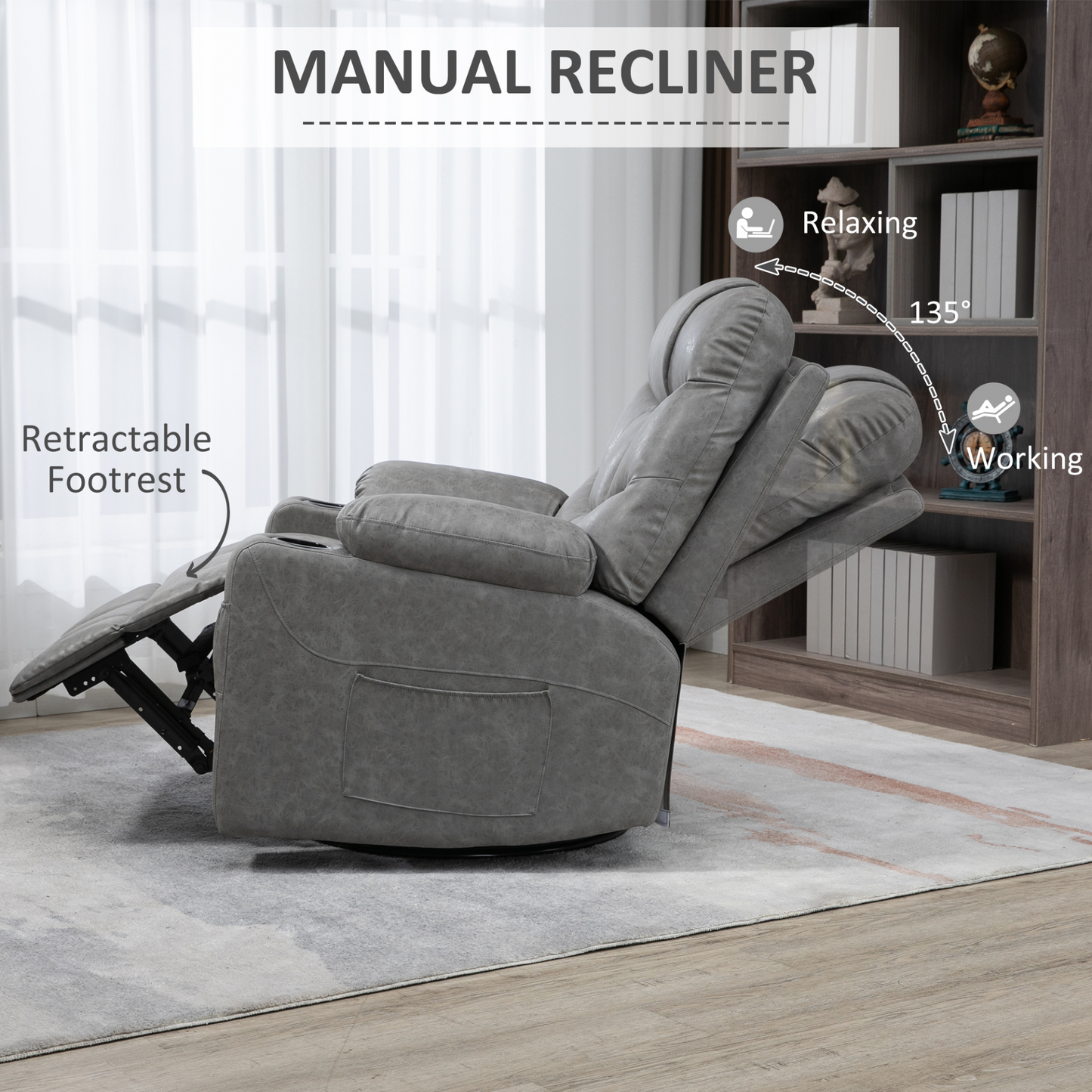 HOMCOM Manual Recliner Chair | Overstuffed PU Leather Armchair with Footrest & Cup Holders | Light Grey Recliner for Living Room & Bedroom - BEYRUN