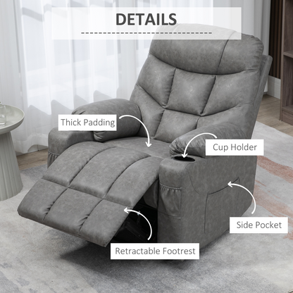 HOMCOM Manual Recliner Chair | Overstuffed PU Leather Armchair with Footrest & Cup Holders | Light Grey Recliner for Living Room & Bedroom - BEYRUN