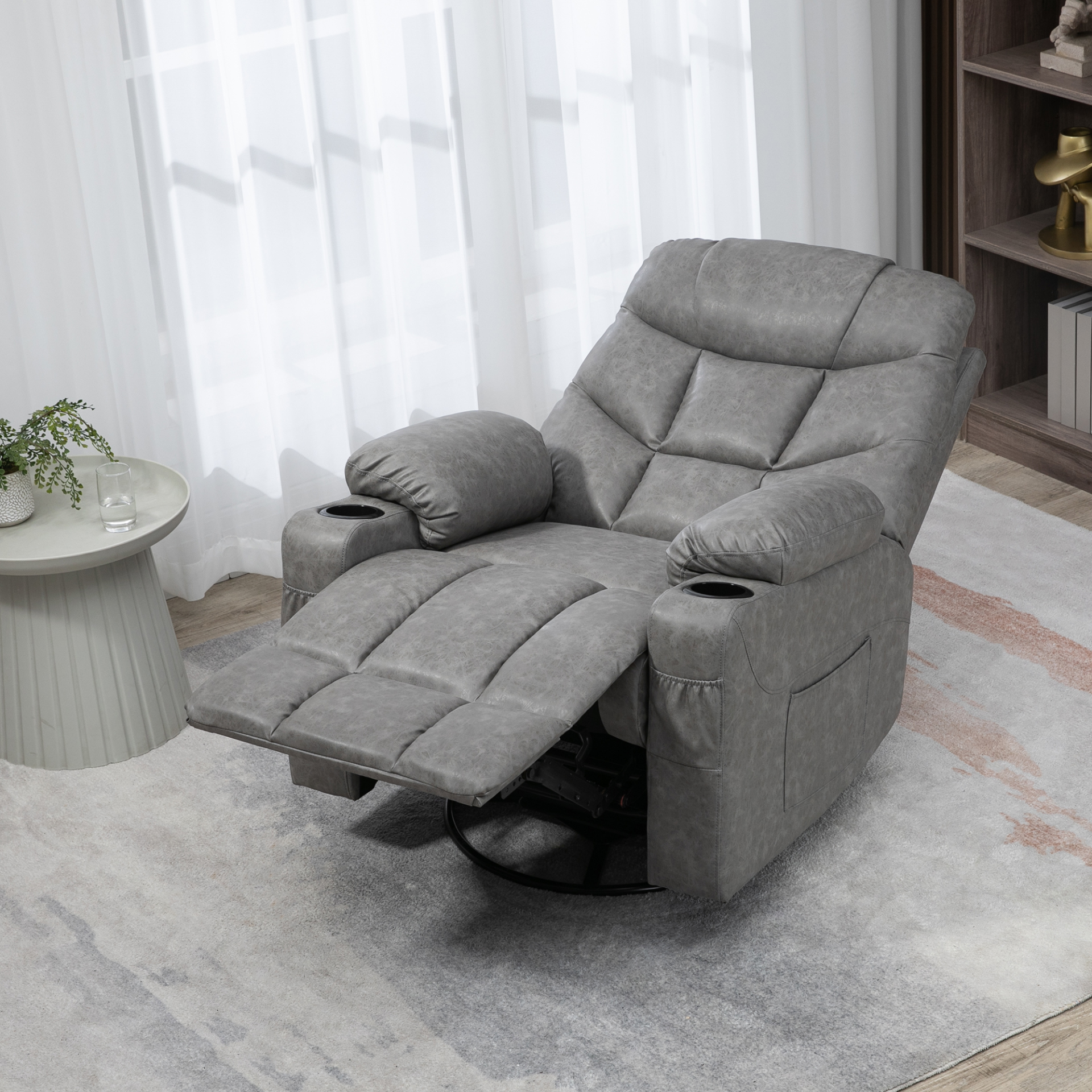 HOMCOM Manual Recliner Chair | Overstuffed PU Leather Armchair with Footrest & Cup Holders | Light Grey Recliner for Living Room & Bedroom - BEYRUN