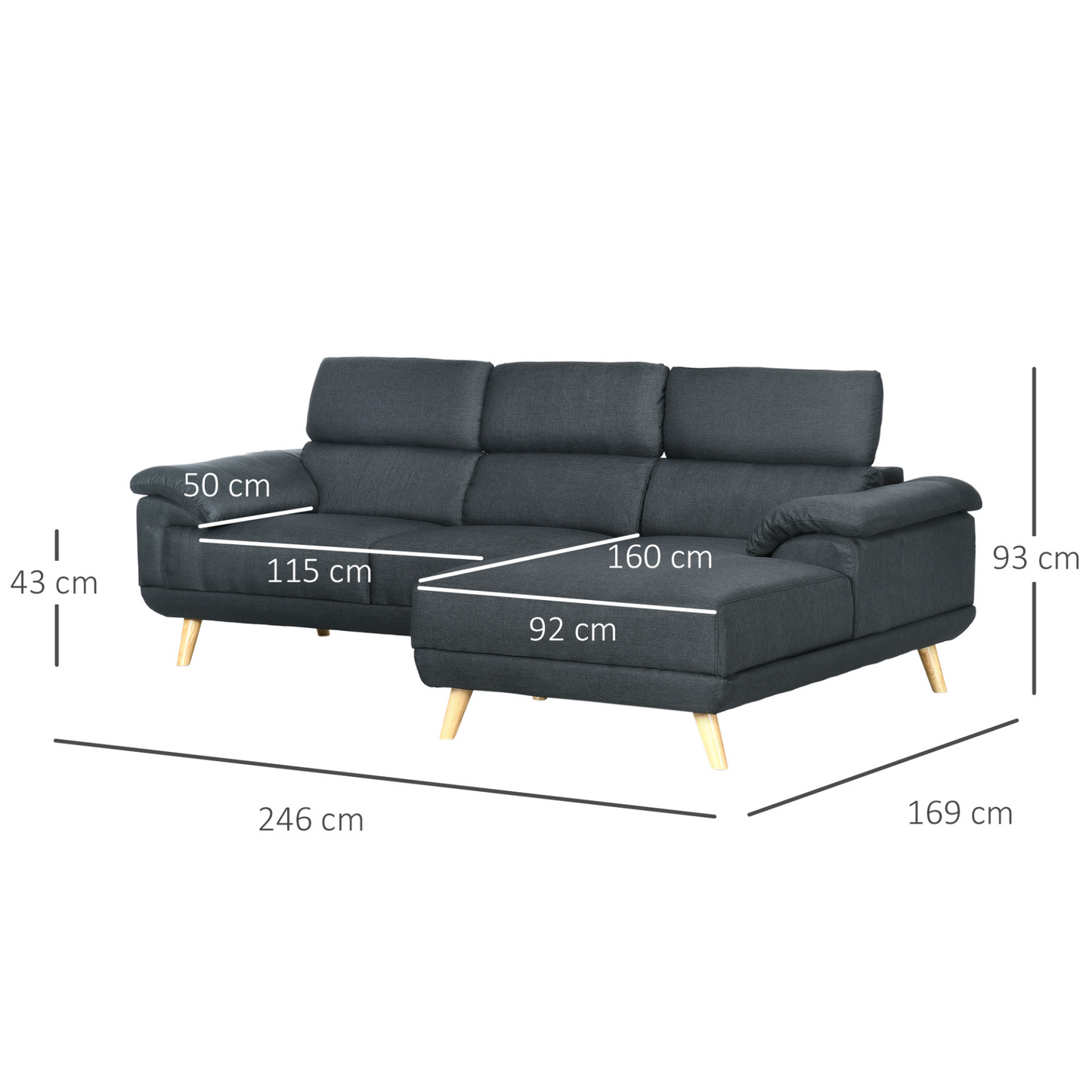 HOMCOM Fabric L Shaped Corner Sofa with Adjustable Headrests, 3 Seater Couch in Dark Grey - BEYRUN